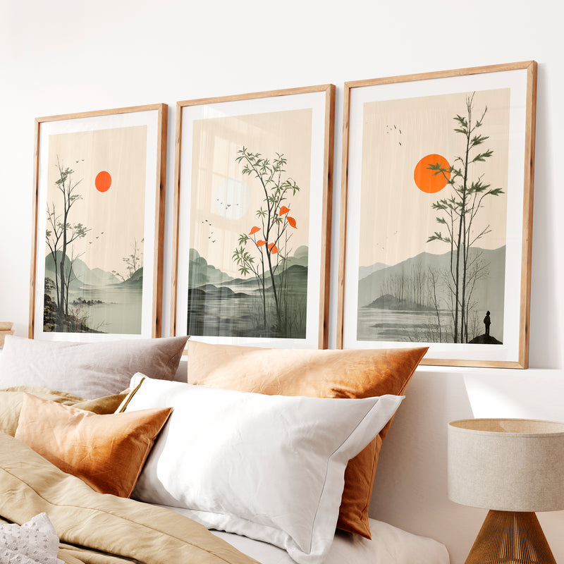 Misty Mountain Landscape for japandi interior design- Natural Wood Framed Poster with White Border - Artworksets