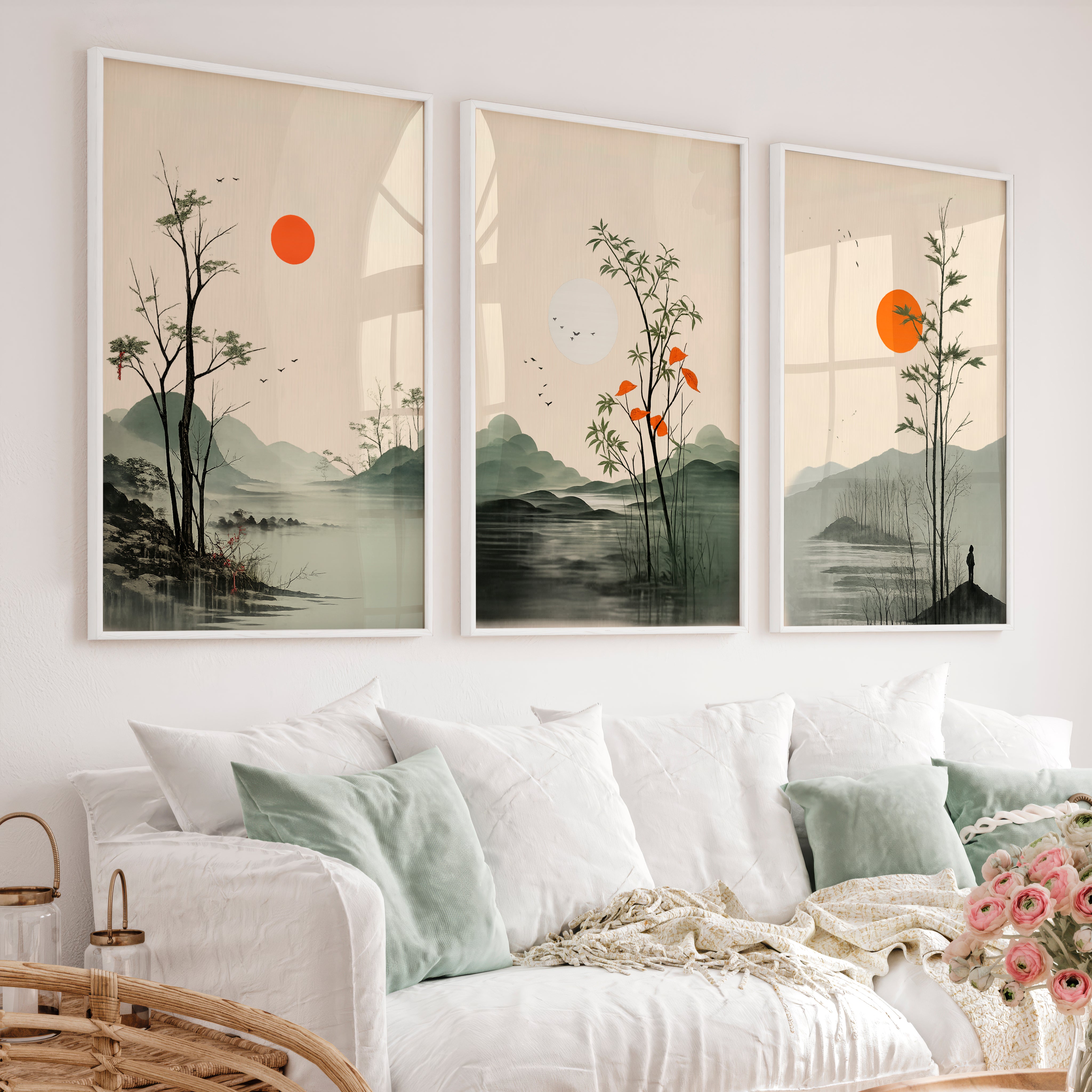 Misty Mountain Landscape for japandi interior design - White Framed Poster No Border - Artworksets