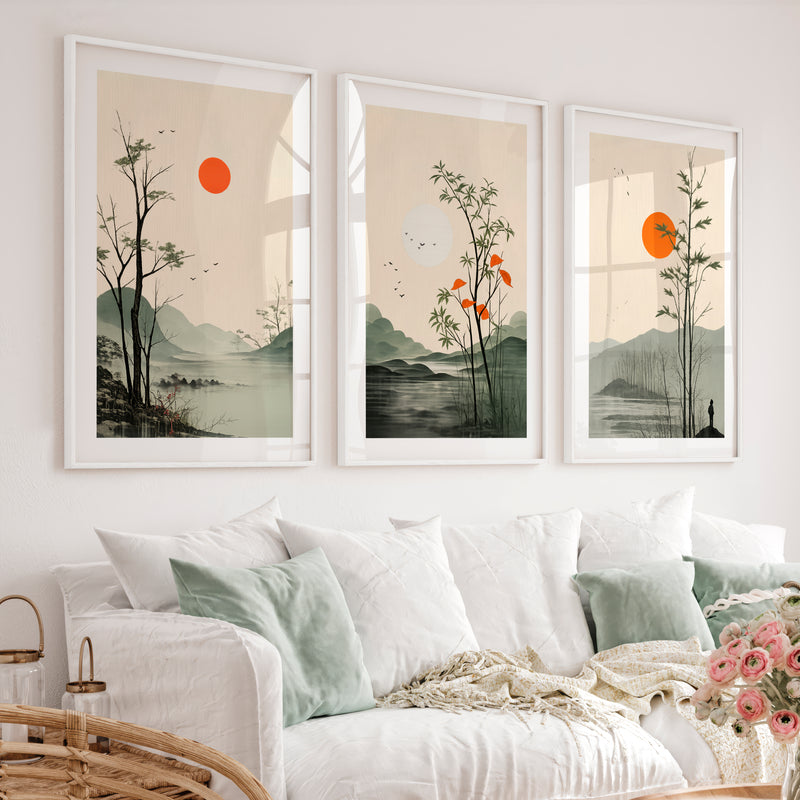 Misty Mountain Landscape for japandi interior design - White Framed Poster with White Border - Artworksets