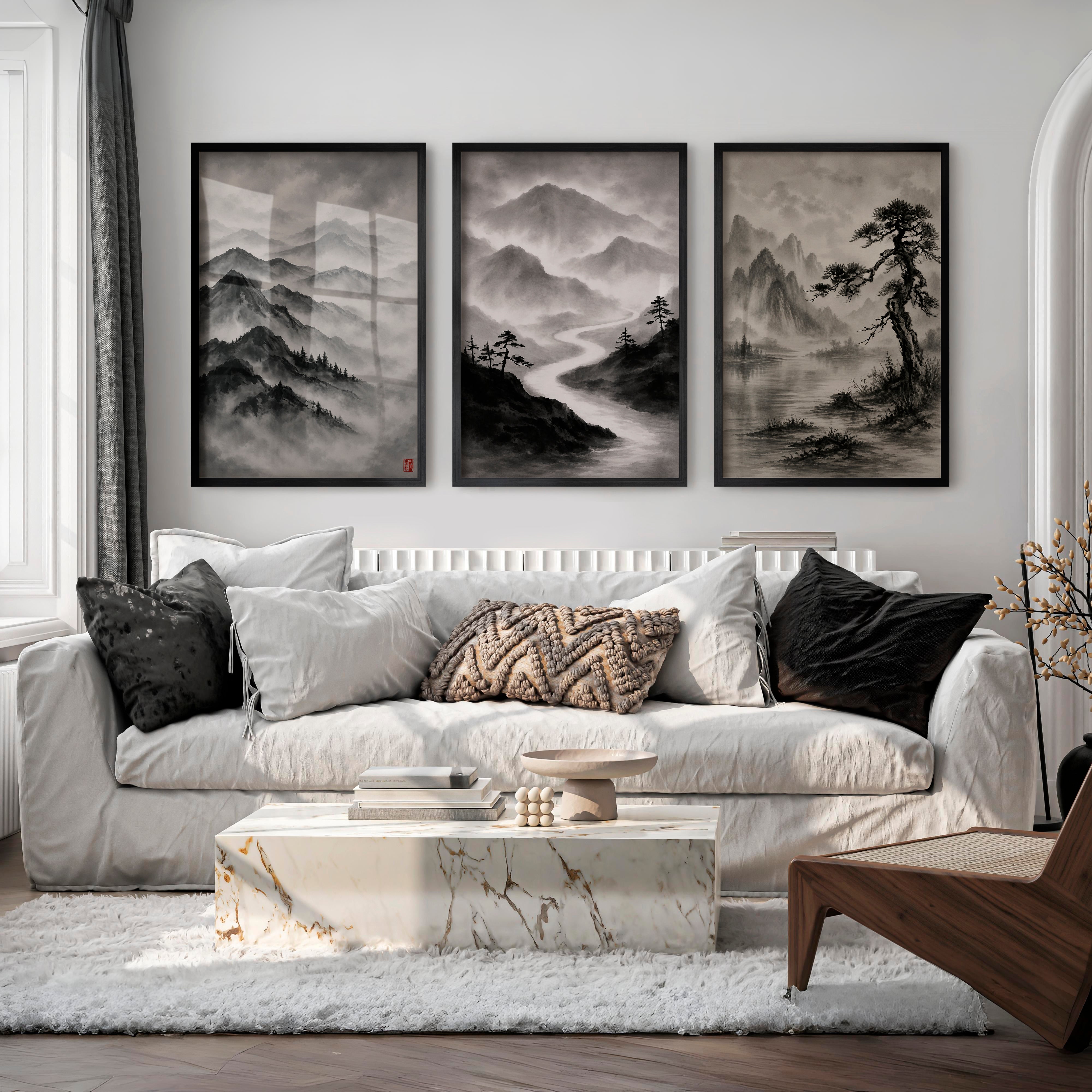 Misty Mountain Waterfall japandi interior design - Black Framed Poster No Border - Artworksets