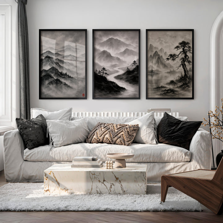 Misty Mountain Waterfall japandi interior design - Black Framed Poster No Border - Artworksets
