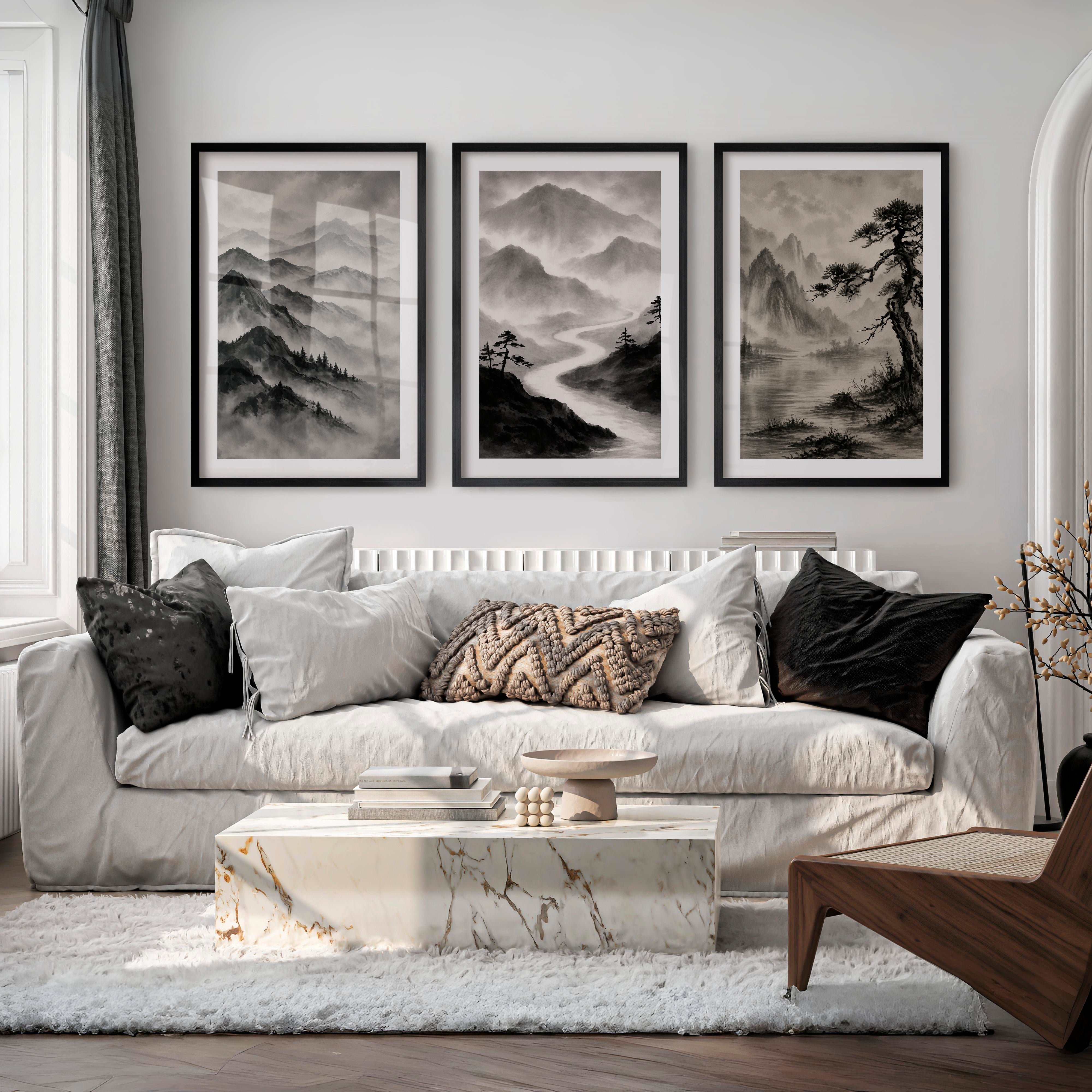 Misty Mountain Waterfall japandi interior design - Black Framed Poster with White Border - Artworksets