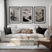 Misty Mountain Waterfall japandi interior design - Black Framed Poster with White Border - Artworksets