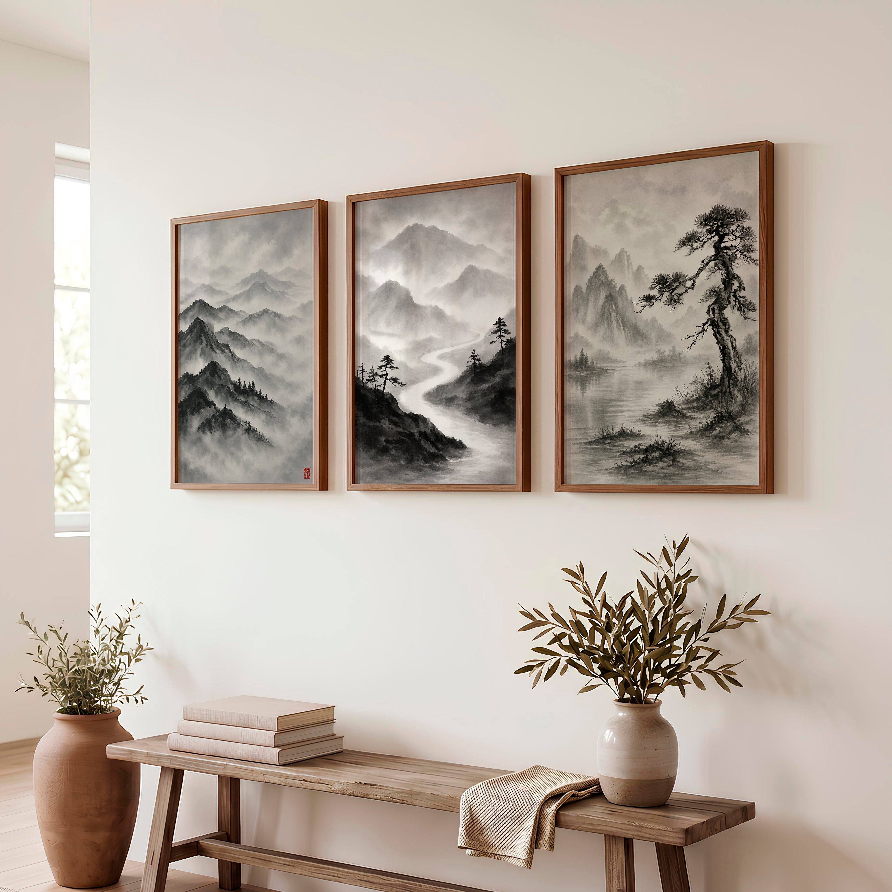 Misty Mountain Waterfall japandi interior design - Dark Brown Framed Poster No Border - Artworksets