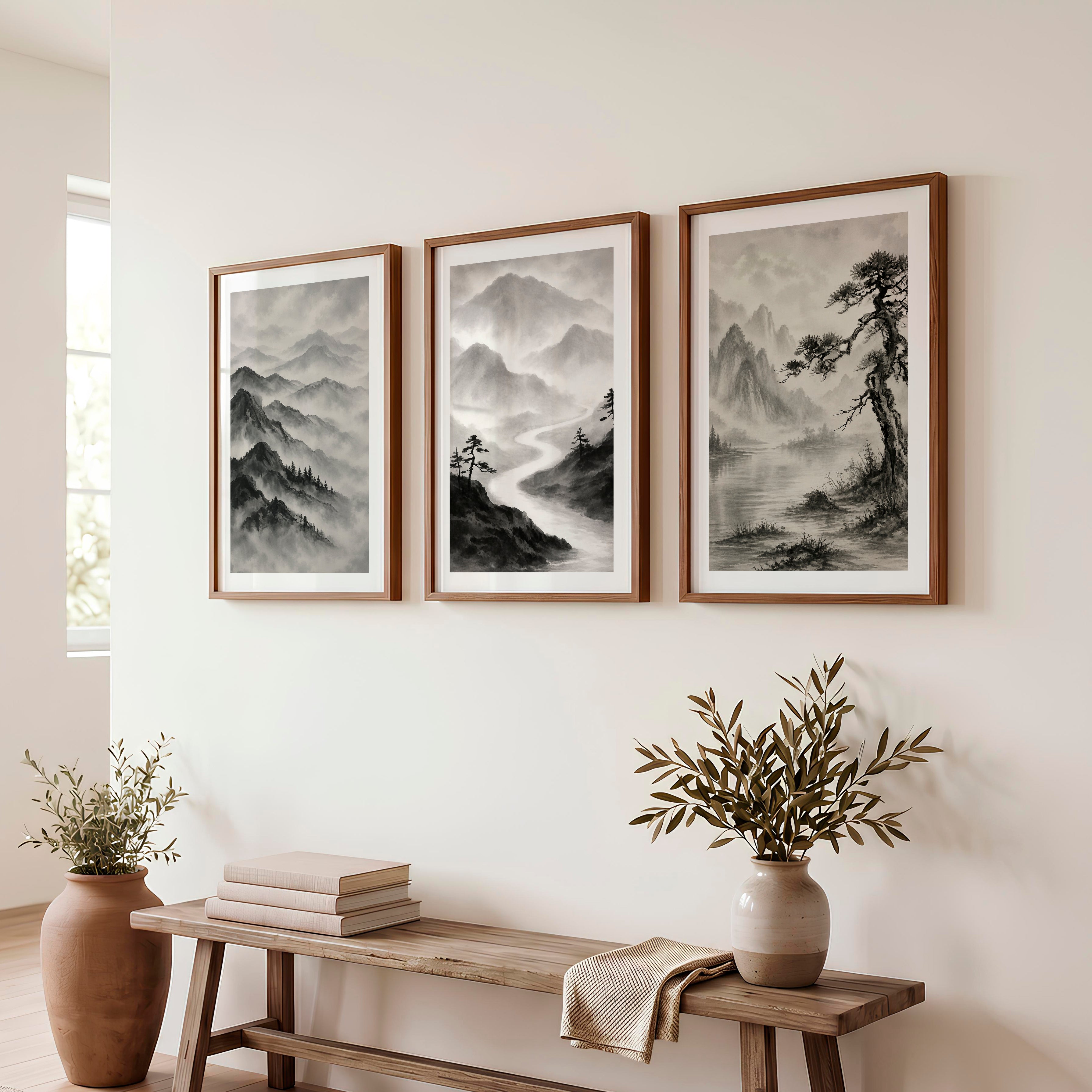 Misty Mountain Waterfall japandi interior design - Dark Brown Framed Poster with White Border - Artworksets