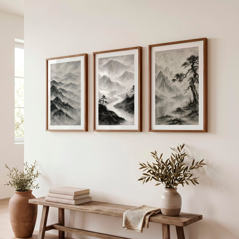 Misty Mountain Waterfall japandi interior design - Dark Brown Framed Poster with White Border - Artworksets