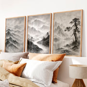 Misty Mountain Waterfall japandi interior design - Natural Wood Framed Poster No Border - Artworksets