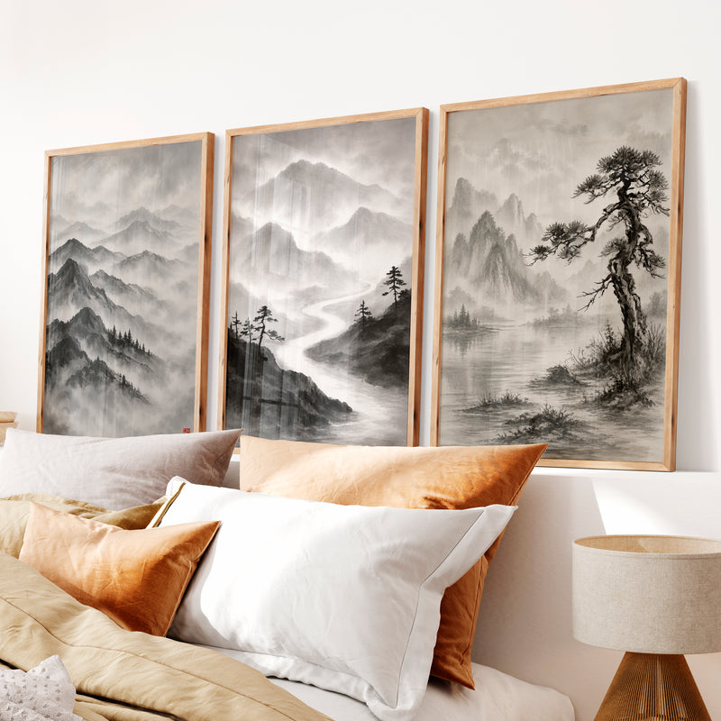 Misty Mountain Waterfall japandi interior design - Natural Wood Framed Poster No Border - Artworksets