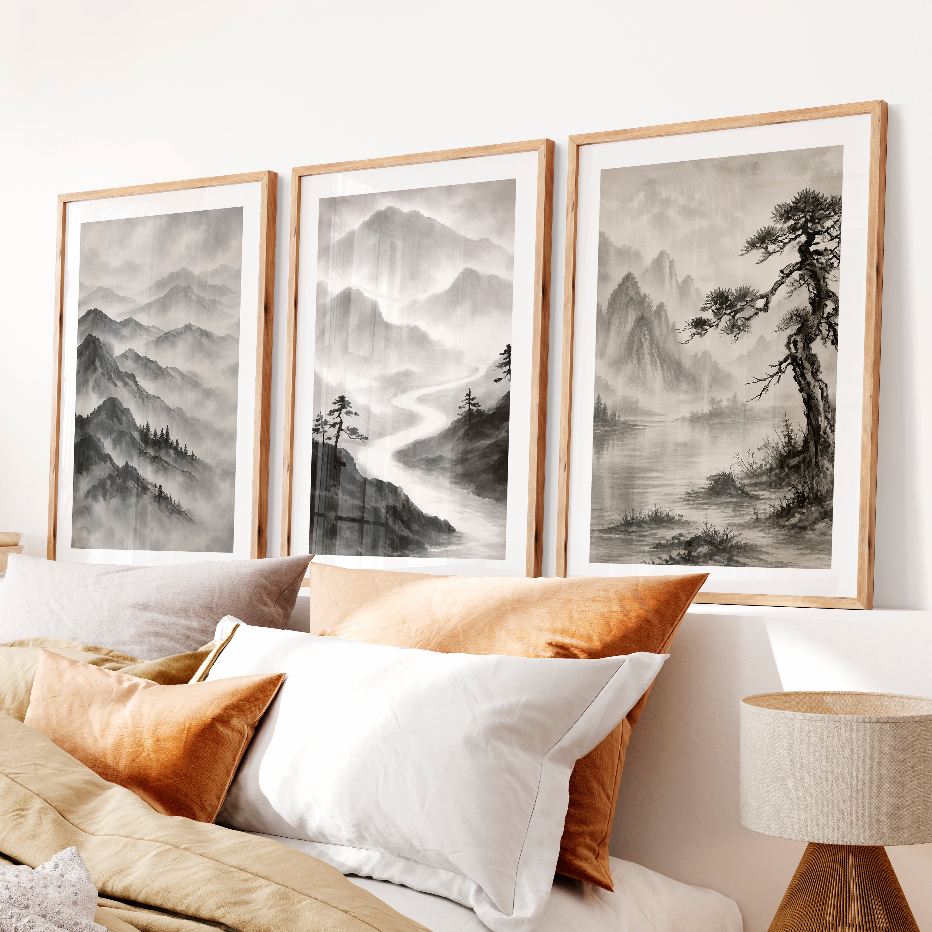 Misty Mountain Waterfall japandi interior design- Natural Wood Framed Poster with White Border - Artworksets