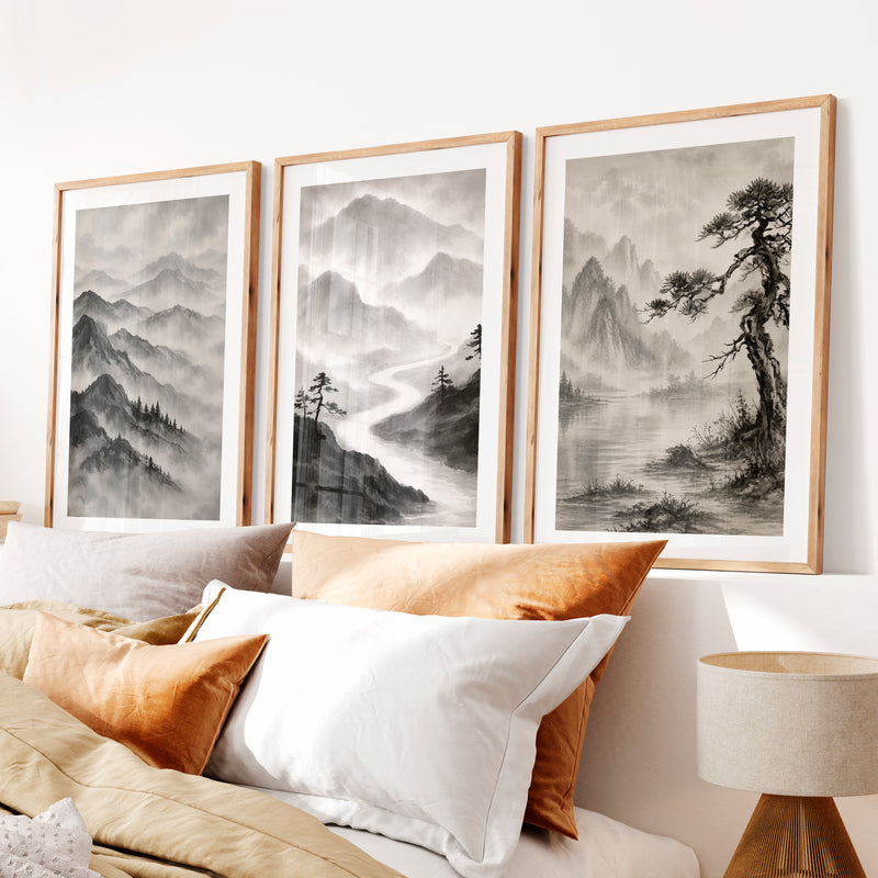 Misty Mountain Waterfall japandi interior design- Natural Wood Framed Poster with White Border - Artworksets