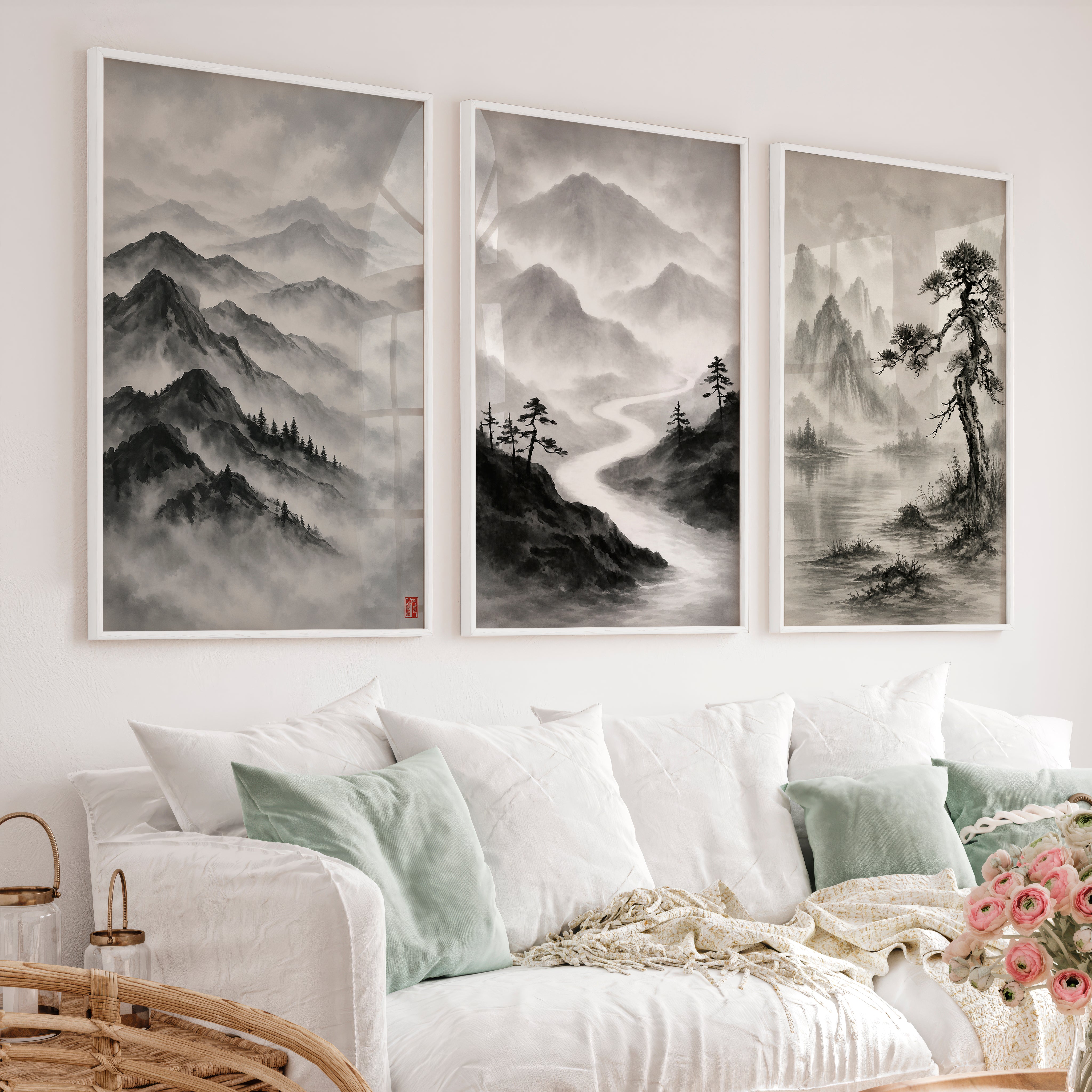 Misty Mountain Waterfall japandi interior design - White Framed Poster No Border - Artworksets