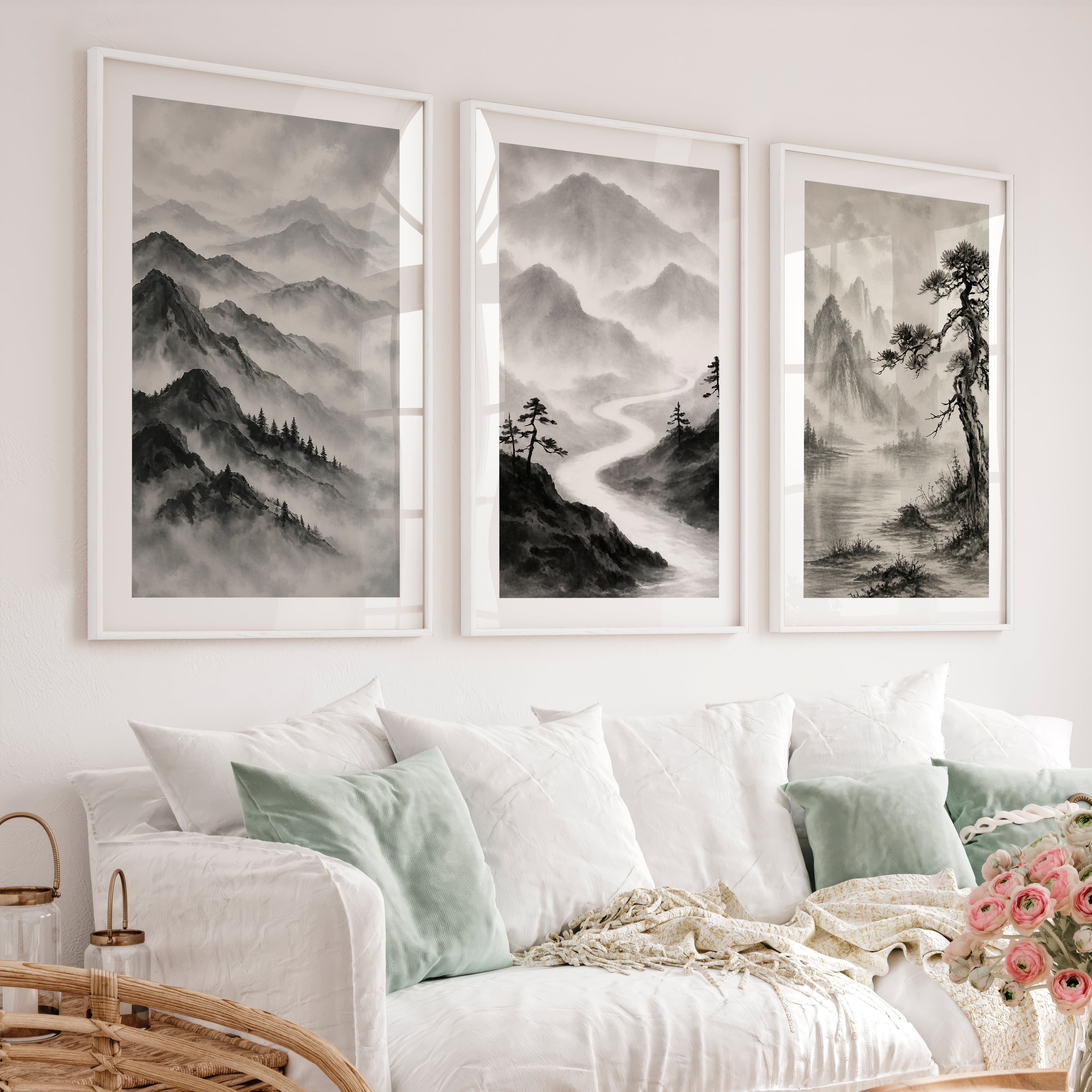 Misty Mountain Waterfall japandi interior design - White Framed Poster with White Border - Artworksets