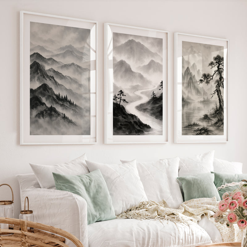 Misty Mountain Waterfall japandi interior design - White Framed Poster with White Border - Artworksets