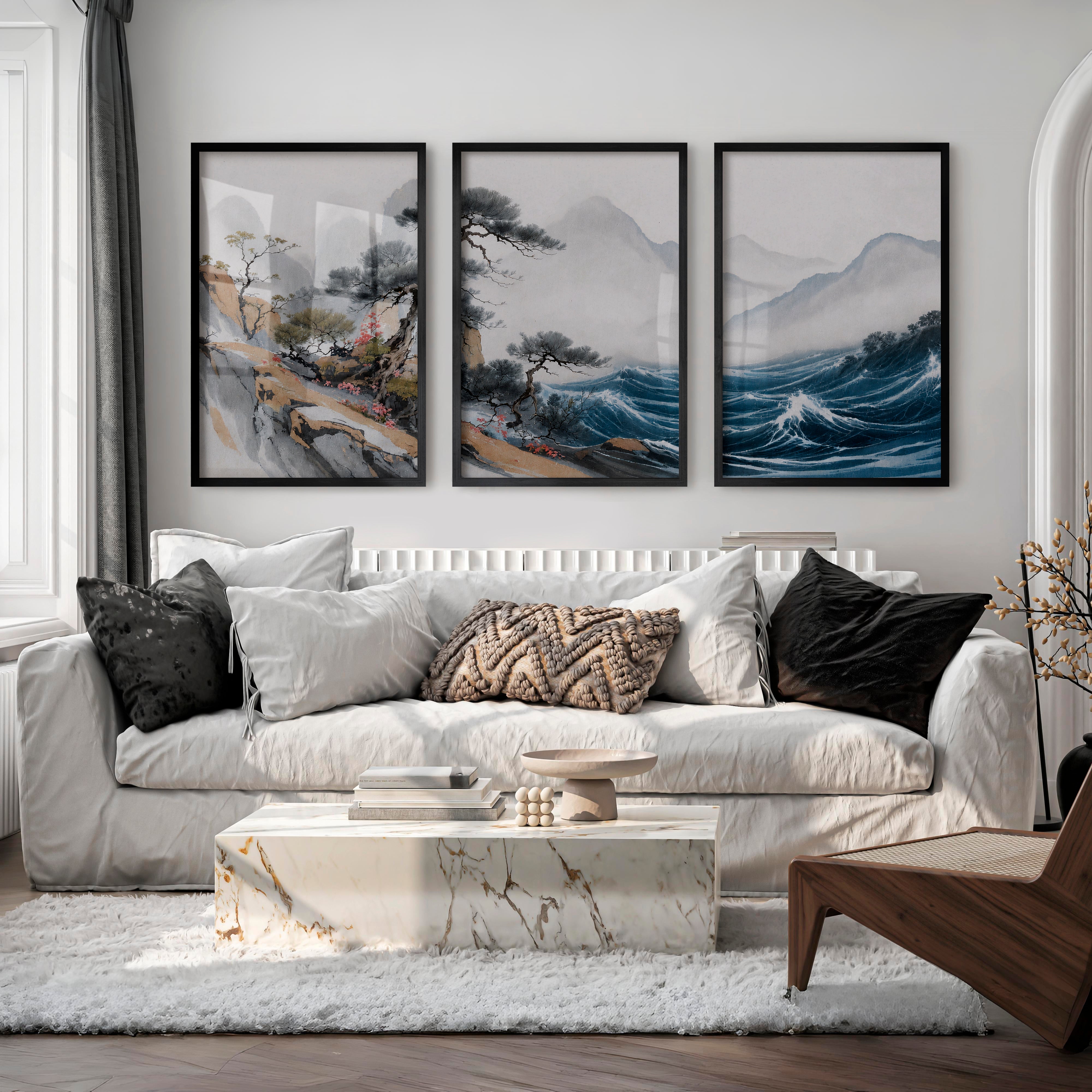 Misty Pine Mountain Wall Art for japandi interior design - Black Framed Poster No Border - Artworksets