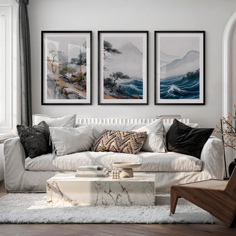 Misty Pine Mountain Wall Art for japandi interior design - Black Framed Poster with White Border - Artworksets