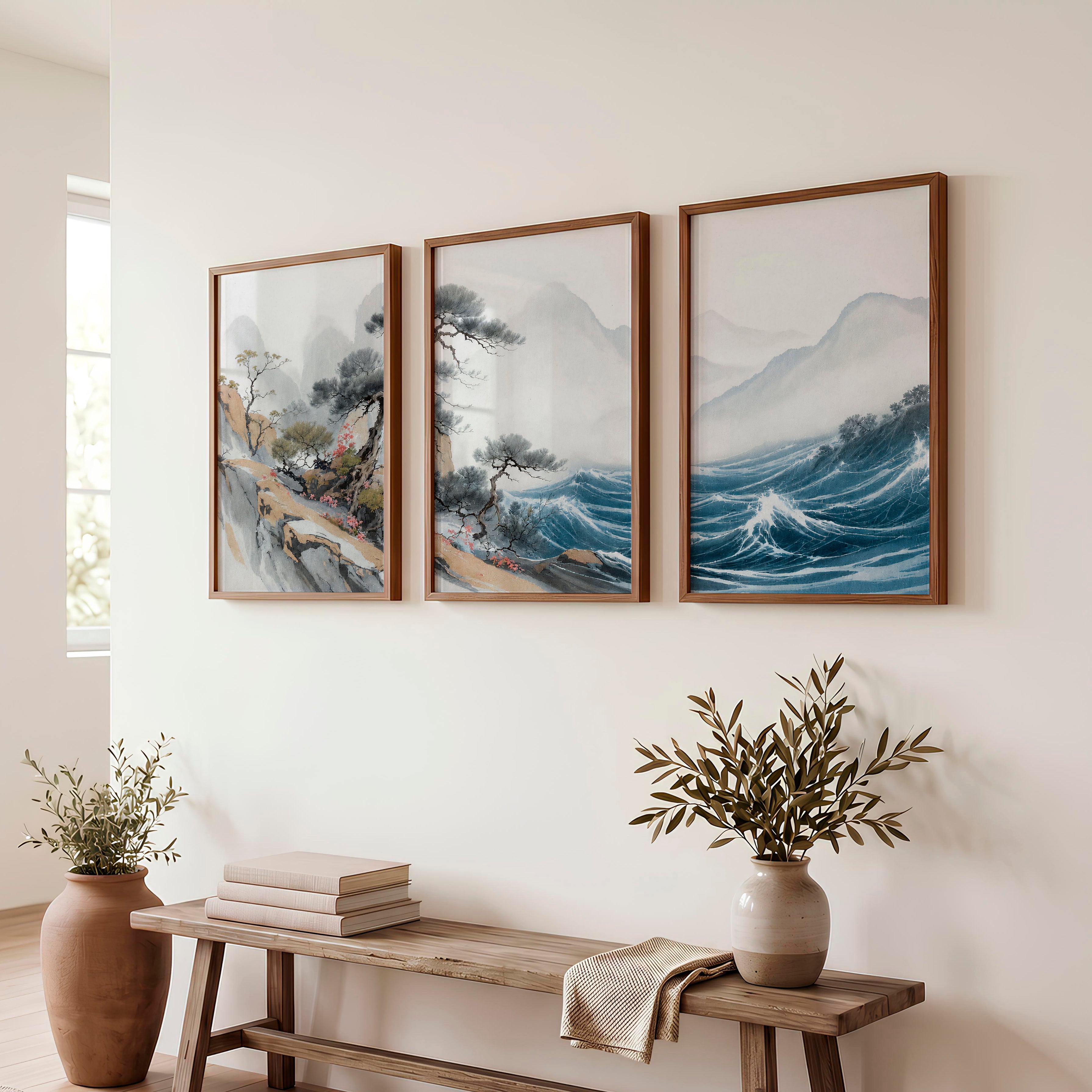 Misty Pine Mountain Wall Art for japandi interior design - Dark Brown Framed Poster No Border - Artworksets