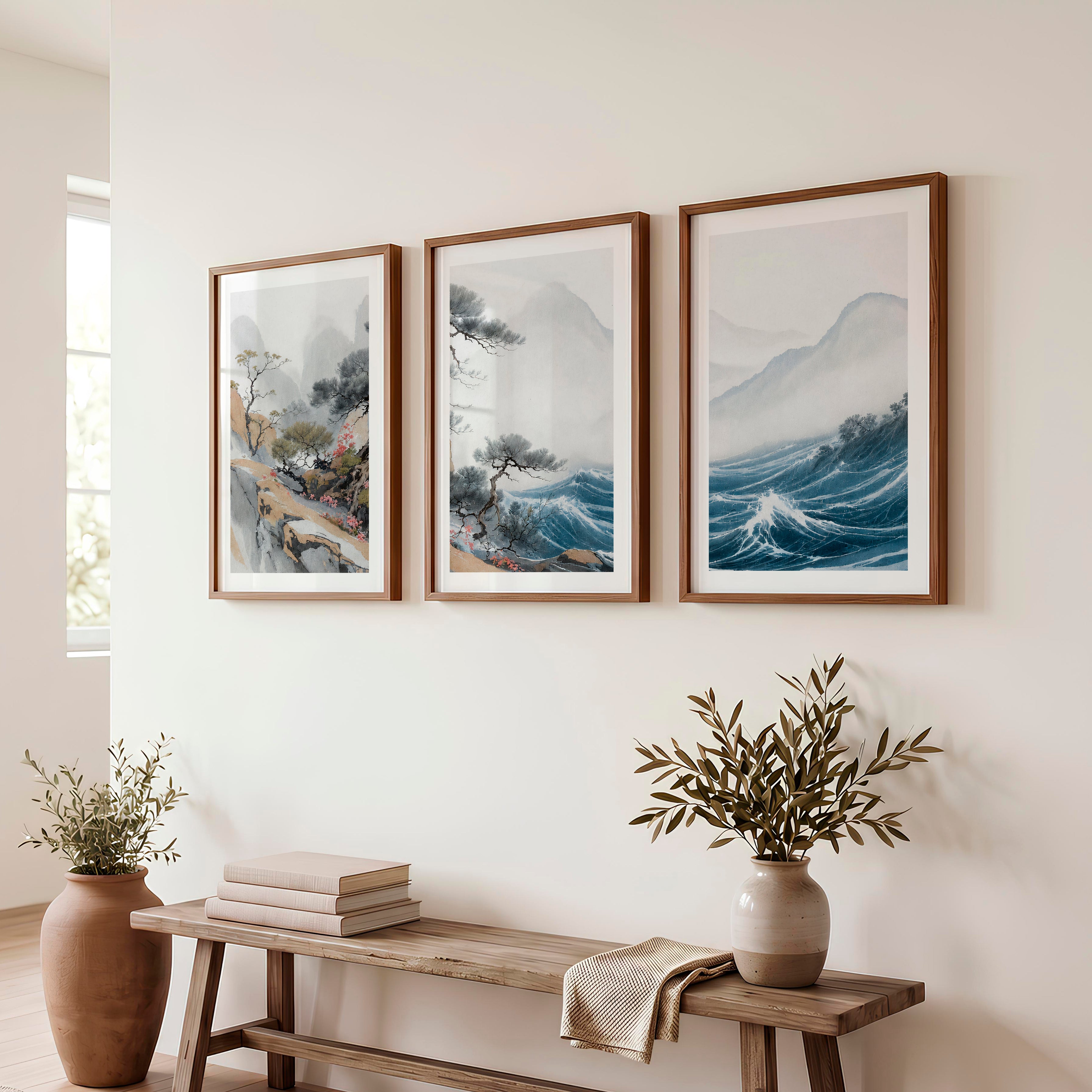 Misty Pine Mountain Wall Art for japandi interior design - Dark Brown Framed Poster with White Border - Artworksets
