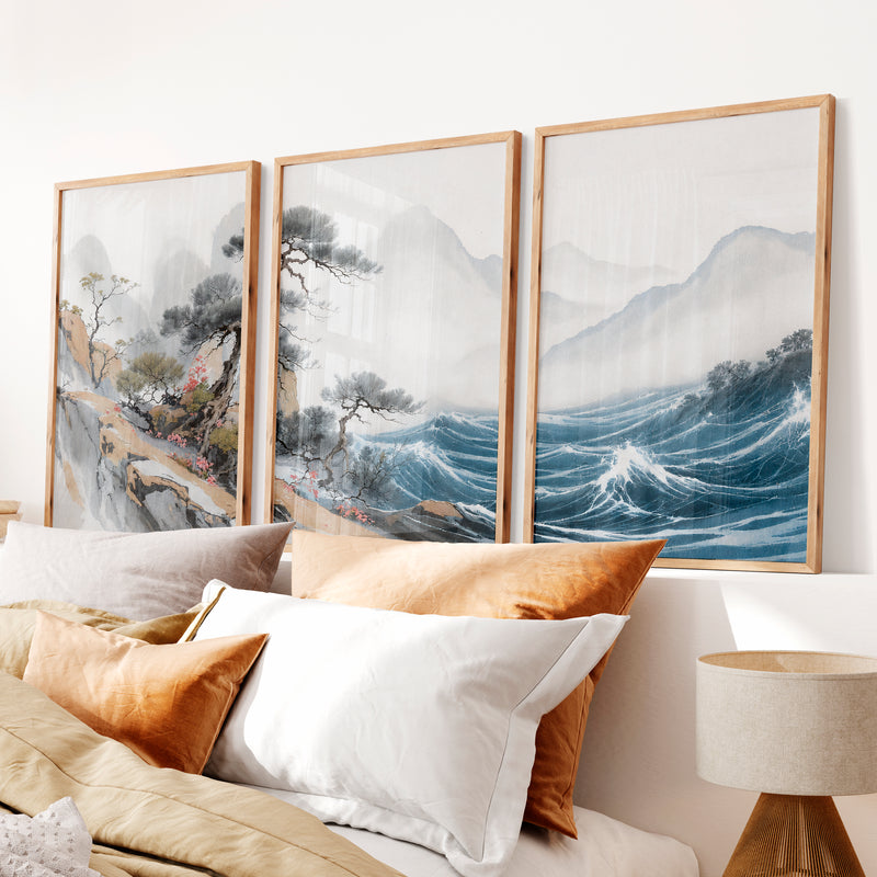 Misty Pine Mountain Wall Art for japandi interior design - Natural Wood Framed Poster No Border - Artworksets