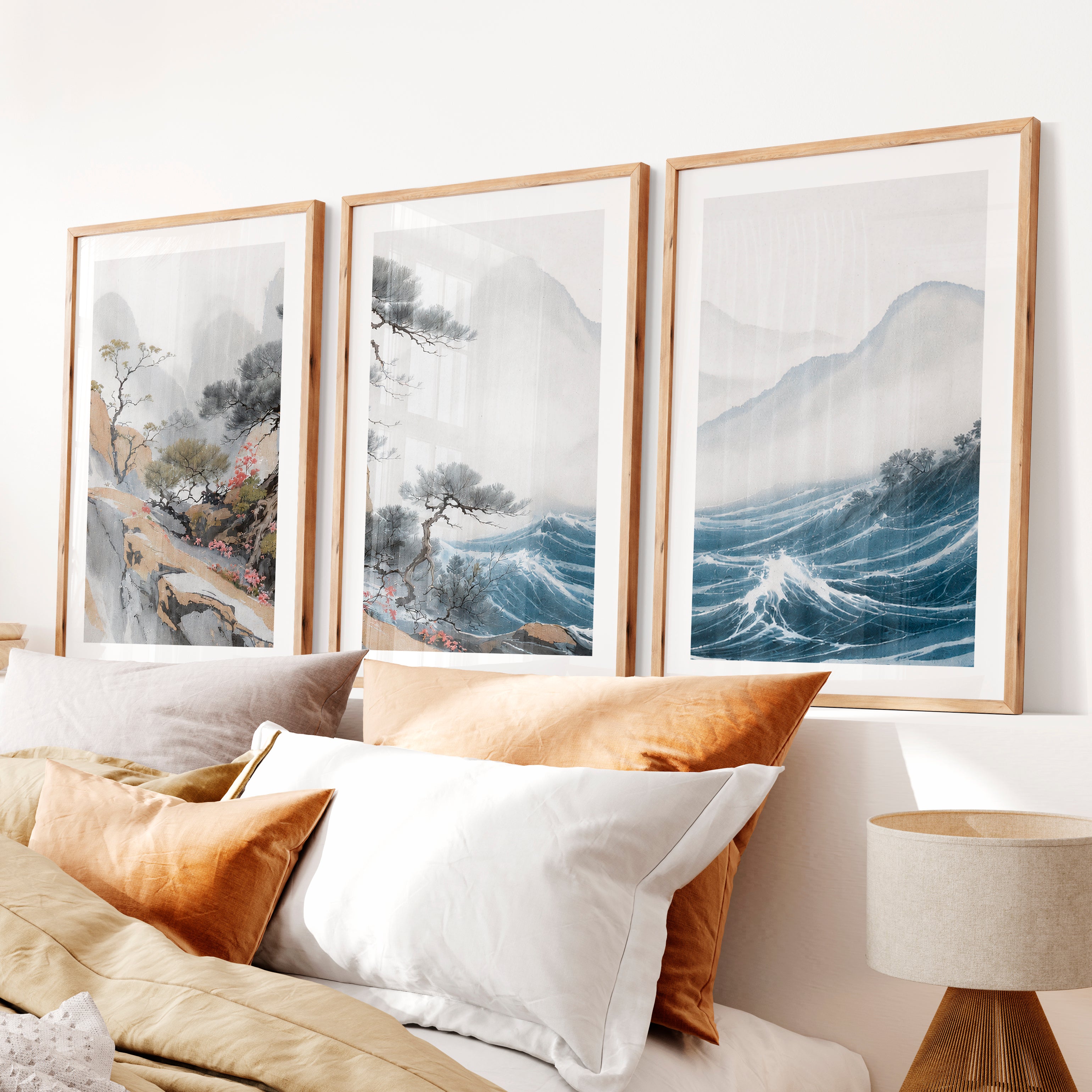 Misty Pine Mountain Wall Art for japandi interior design- Natural Wood Framed Poster with White Border - Artworksets