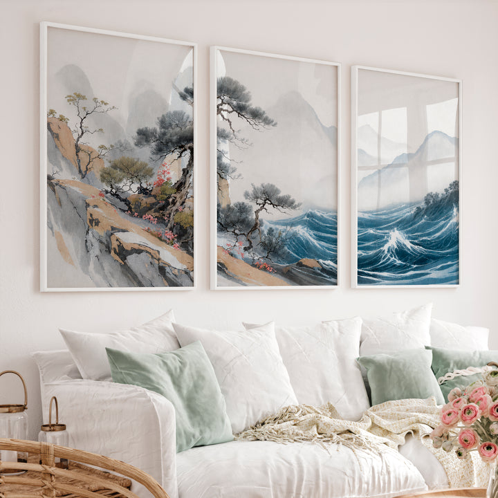 Misty Pine Mountain Wall Art for japandi interior design - White Framed Poster No Border - Artworksets