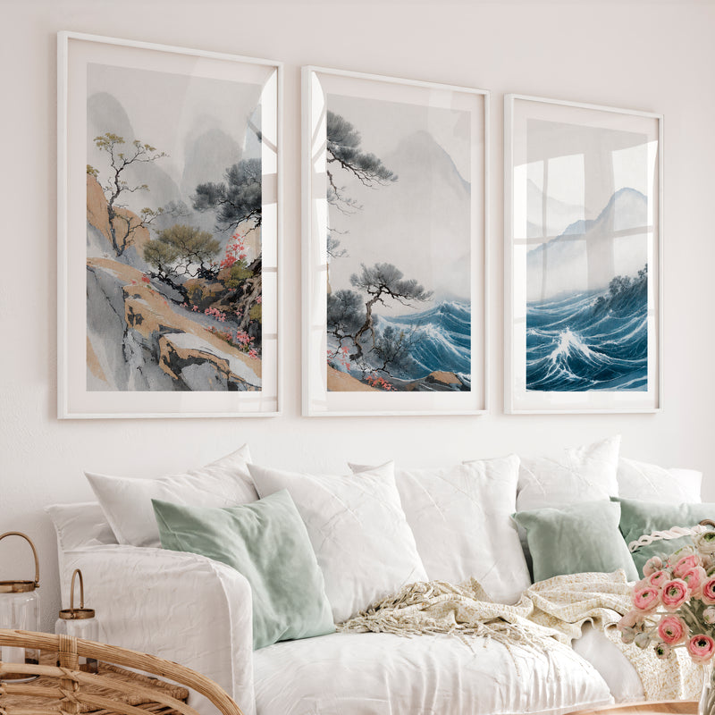 Misty Pine Mountain Wall Art for japandi interior design - White Framed Poster with White Border - Artworksets