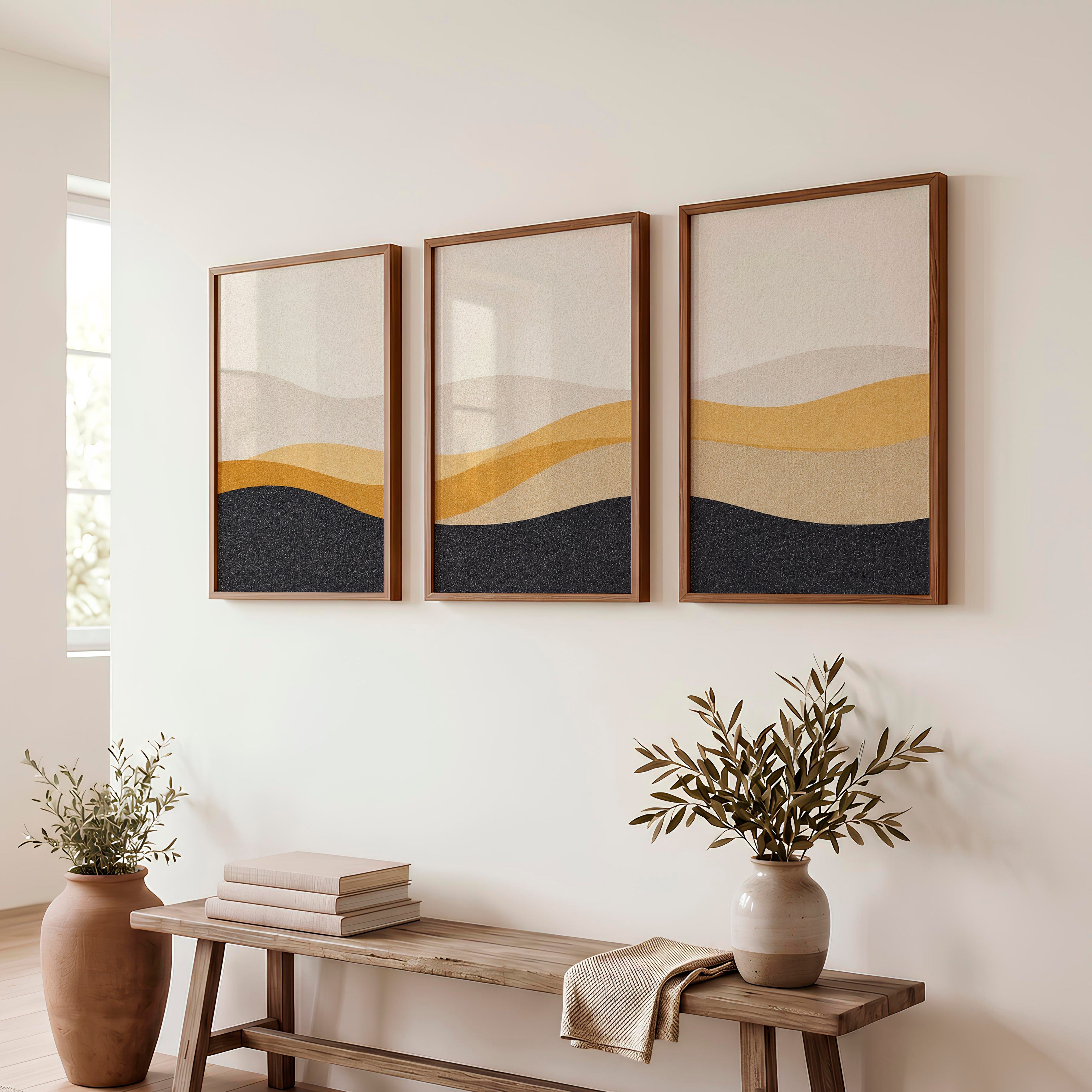 Layered Horizon Japandi Interior Design Style - Dark Brown Framed Poster No Border - Artworksets