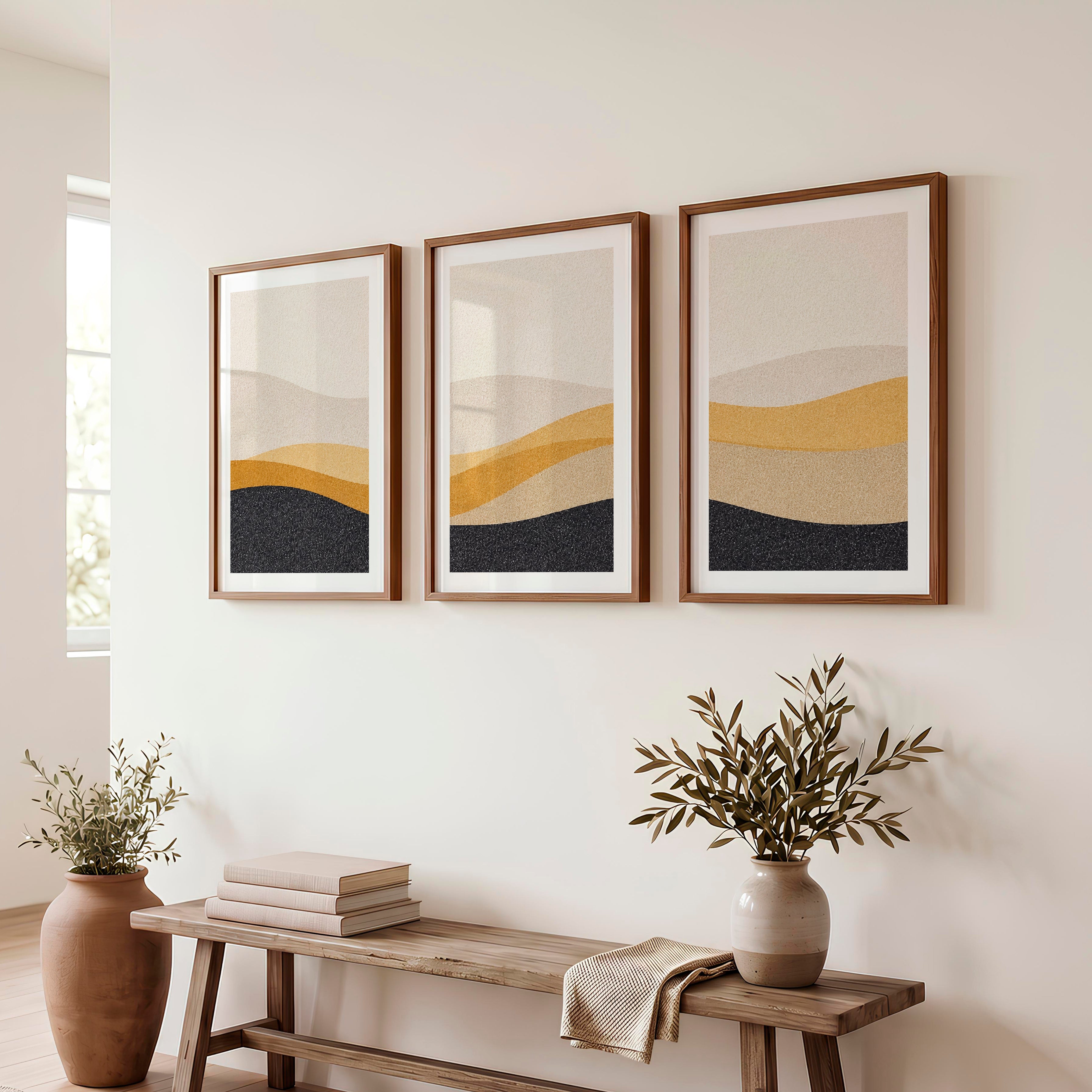 Layered Horizon Japandi Interior Design Style - Dark Brown Framed Poster with White Border - Artworksets