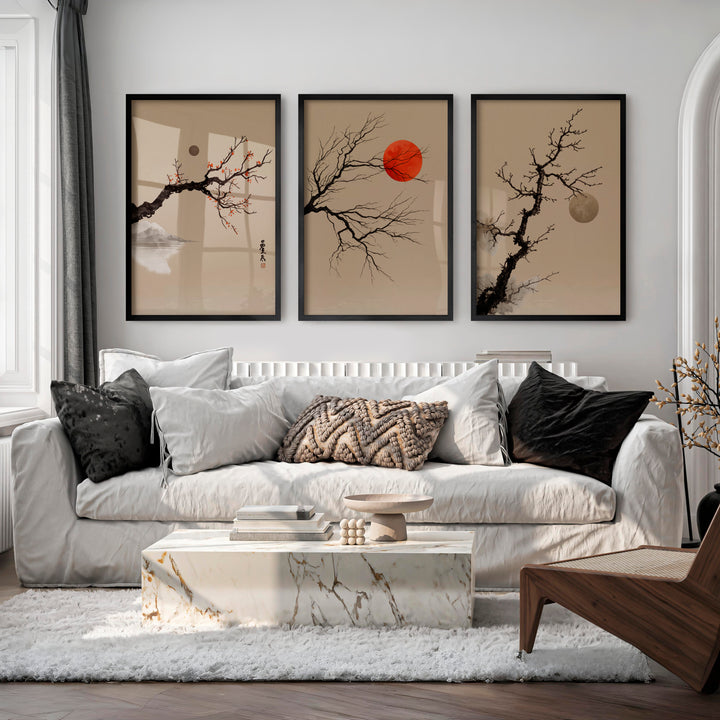 japandi interior design style Branch and Sun Wall Art - Black Framed Poster No Border - Artworksets