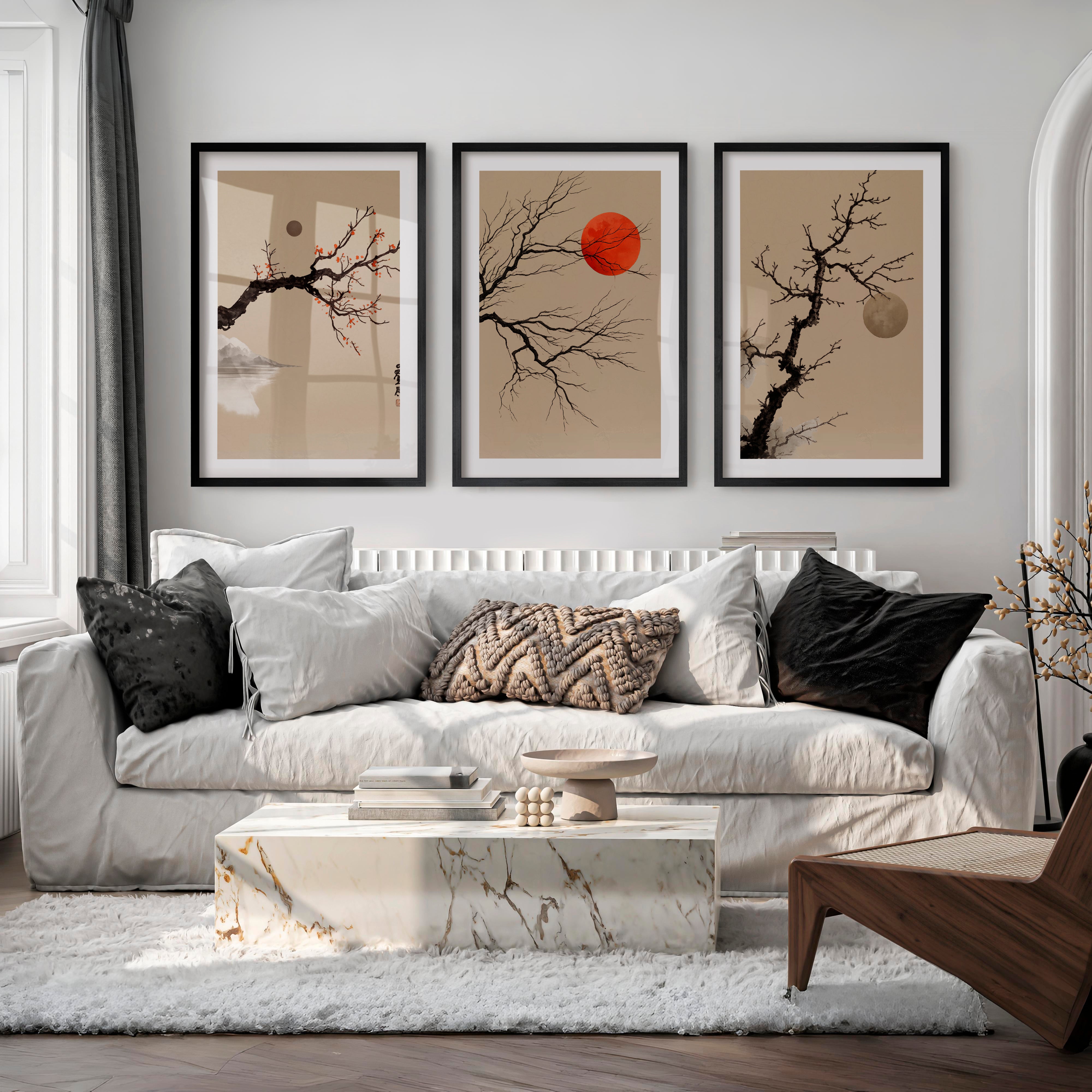 japandi interior design style Branch and Sun Wall Art - Black Framed Poster with White Border - Artworksets