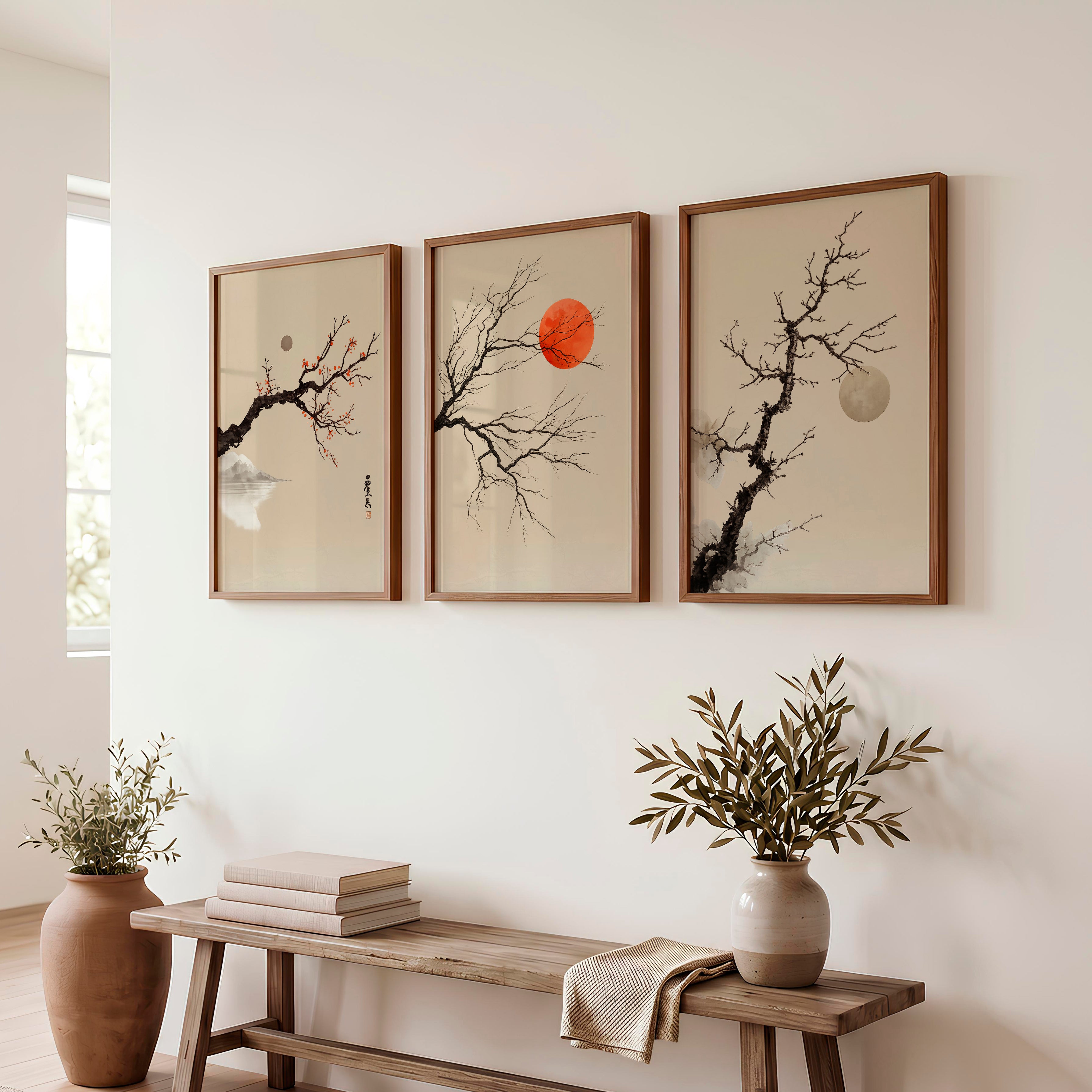 japandi interior design style Branch and Sun Wall Art - Dark Brown Framed Poster No Border - Artworksets