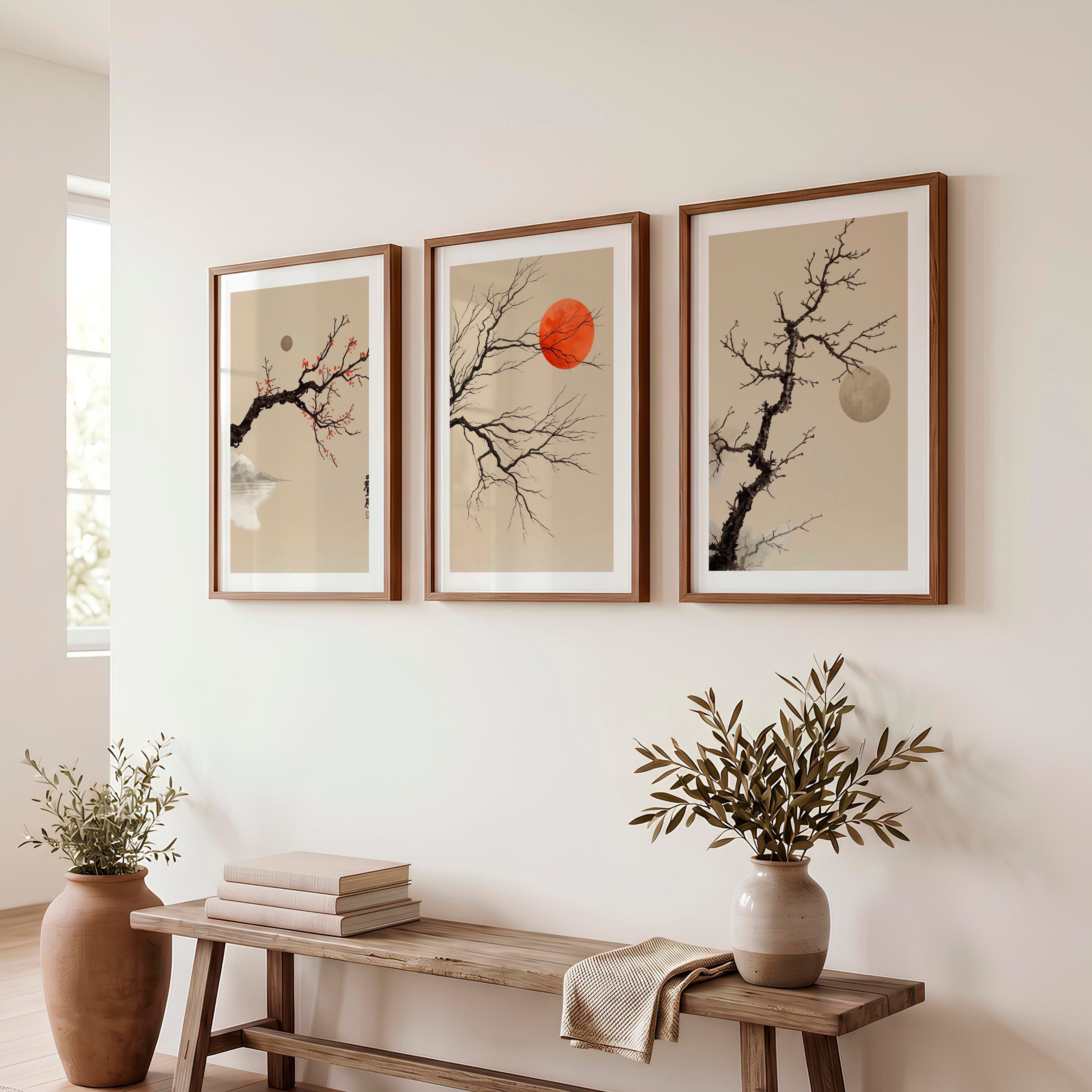 japandi interior design style Branch and Sun Wall Art - Dark Brown Framed Poster with White Border - Artworksets