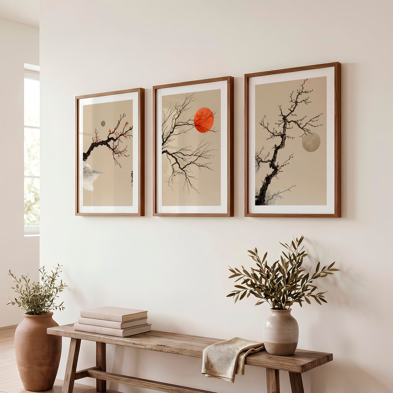 japandi interior design style Branch and Sun Wall Art - Dark Brown Framed Poster with White Border - Artworksets