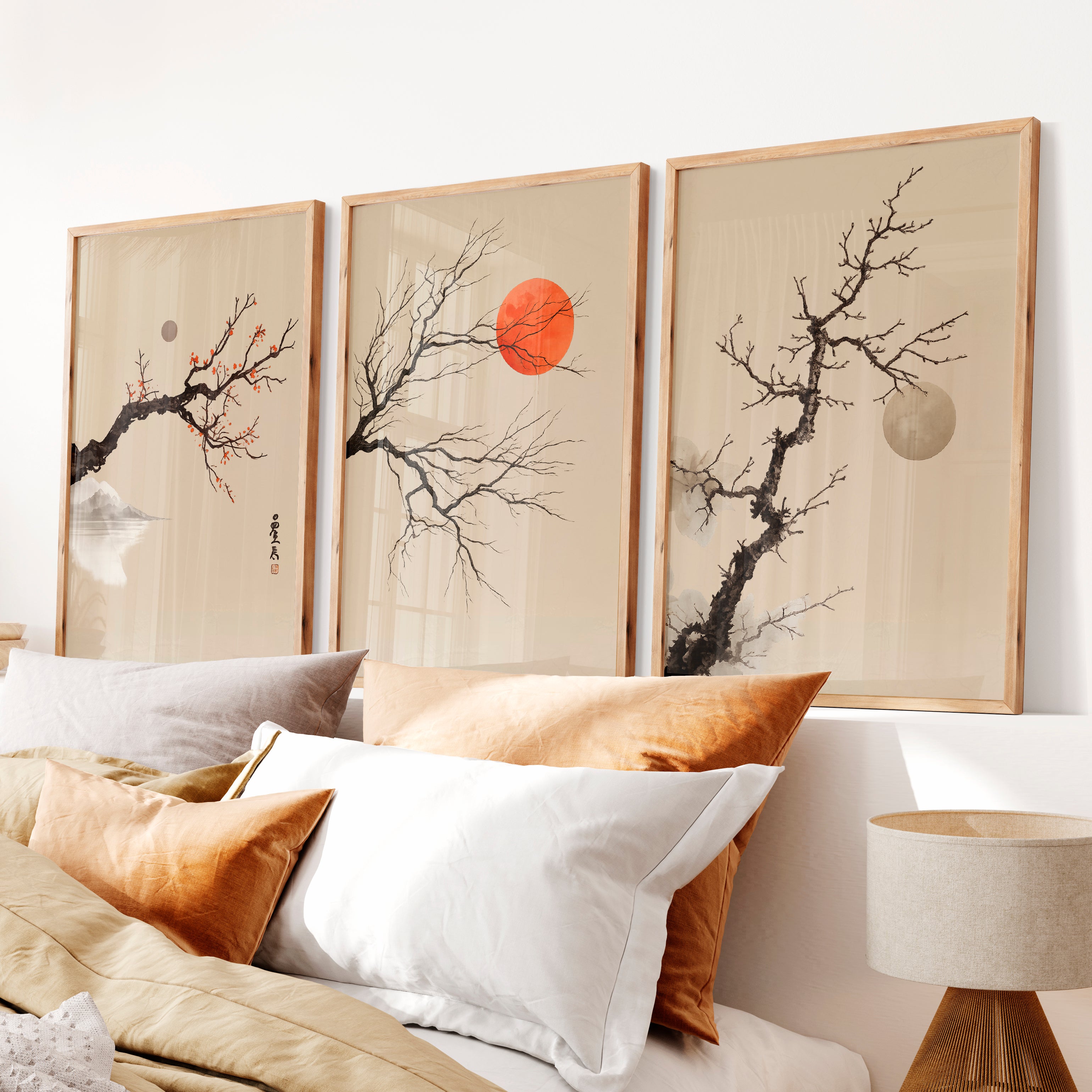japandi interior design style Branch and Sun Wall Art - Natural Wood Framed Poster No Border - Artworksets