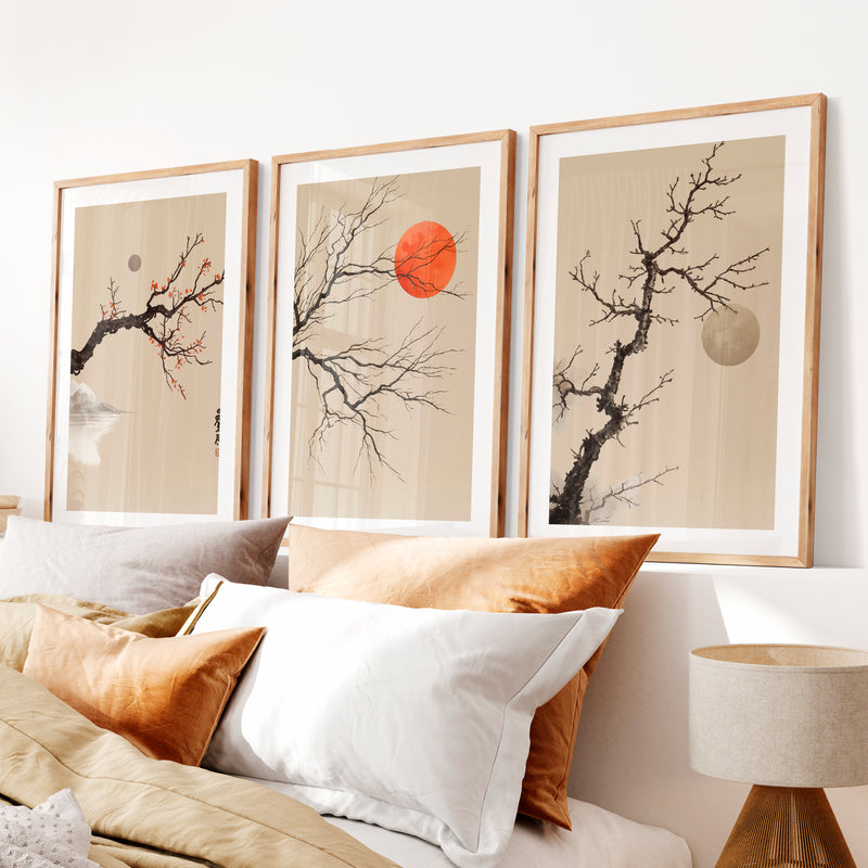 japandi interior design style Branch and Sun Wall Art- Natural Wood Framed Poster with White Border - Artworksets