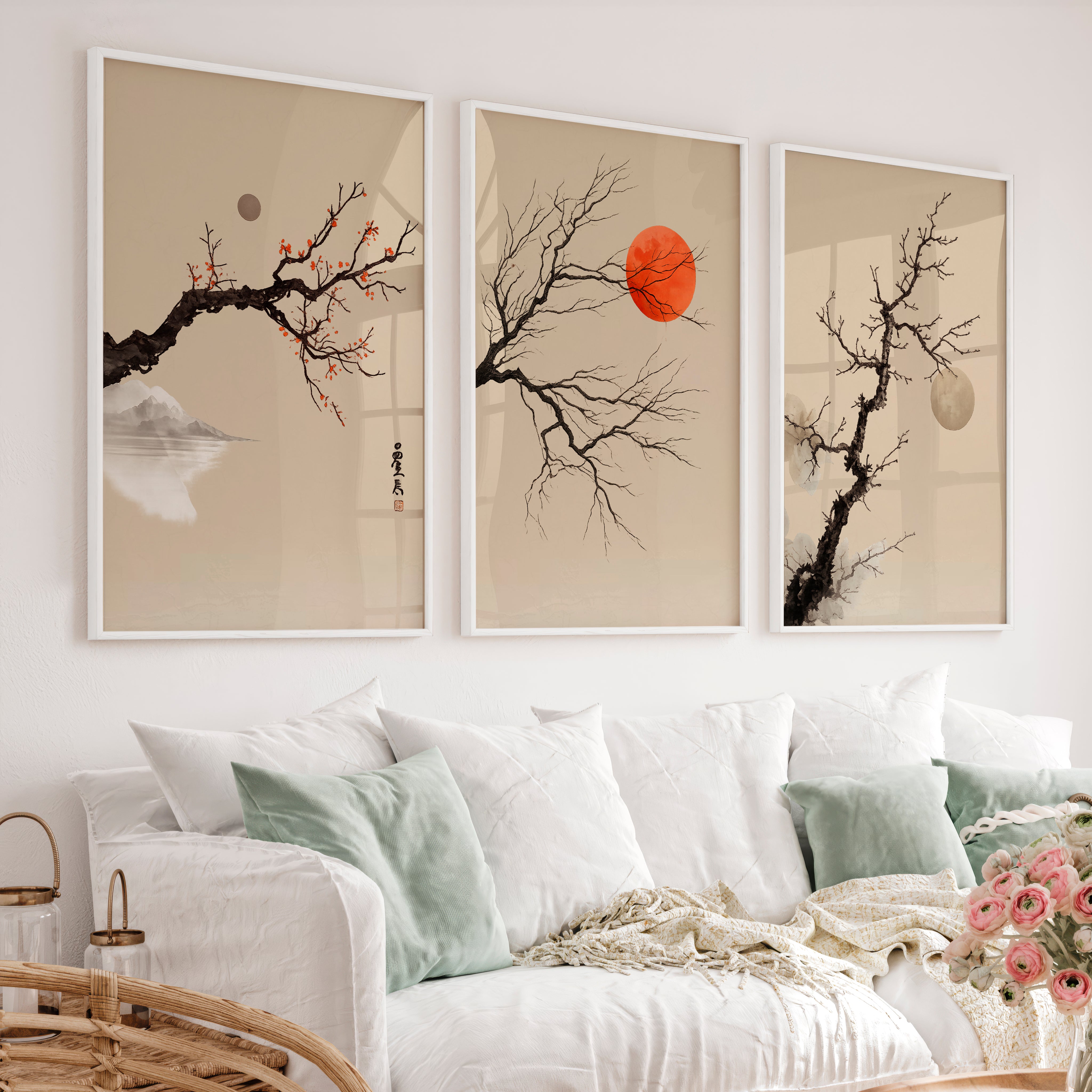 japandi interior design style Branch and Sun Wall Art - White Framed Poster No Border - Artworksets
