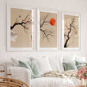 japandi interior design style Branch and Sun Wall Art - White Framed Poster with White Border - Artworksets