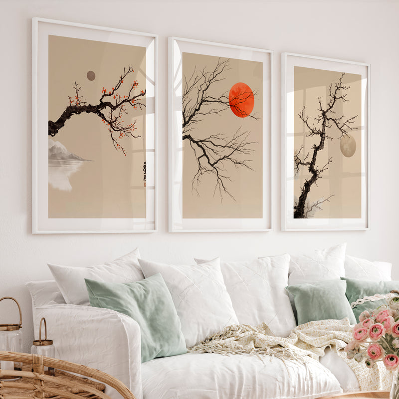 japandi interior design style Branch and Sun Wall Art - White Framed Poster with White Border - Artworksets