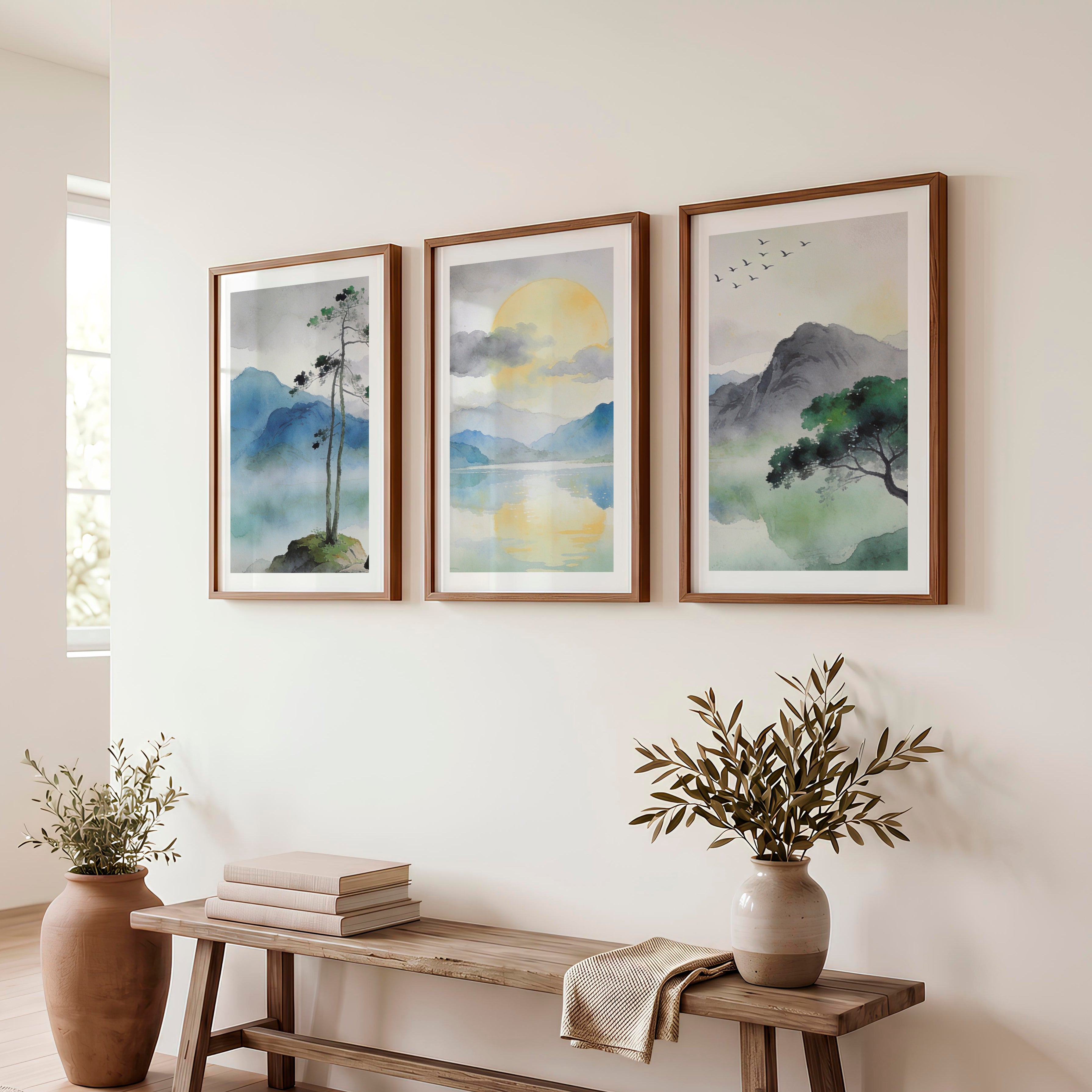 Crane Lake japandi interior design style - Dark Brown Framed Poster with White Border - Artworksets