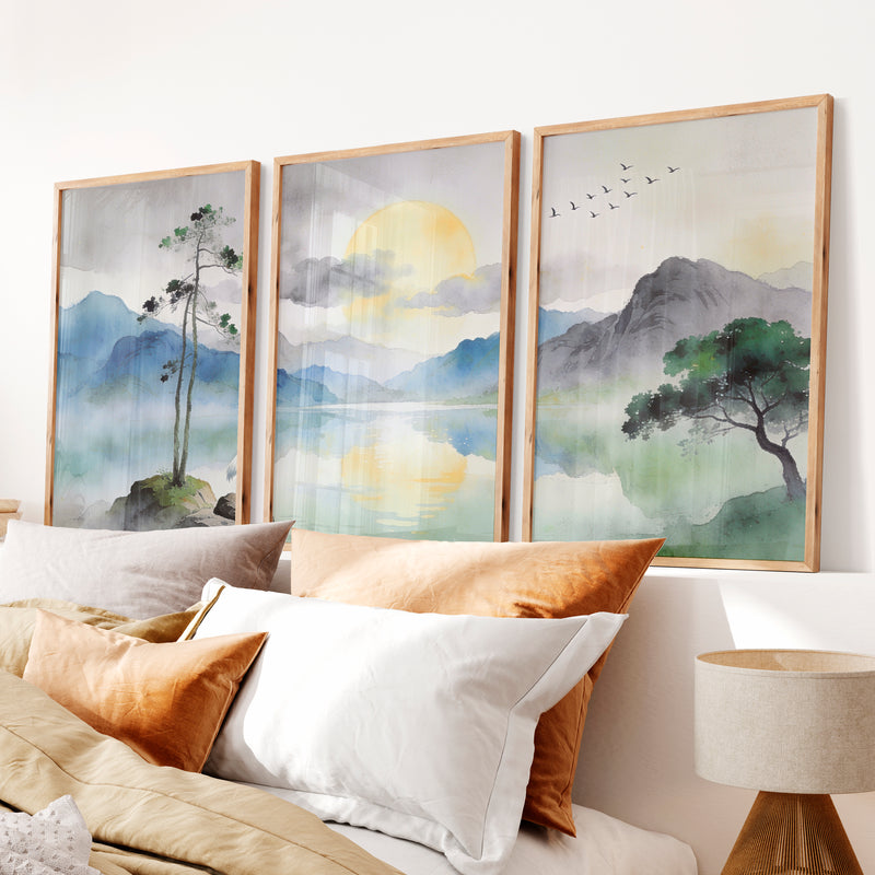 Crane Lake japandi interior design style - Natural Wood Framed Poster No Border - Artworksets