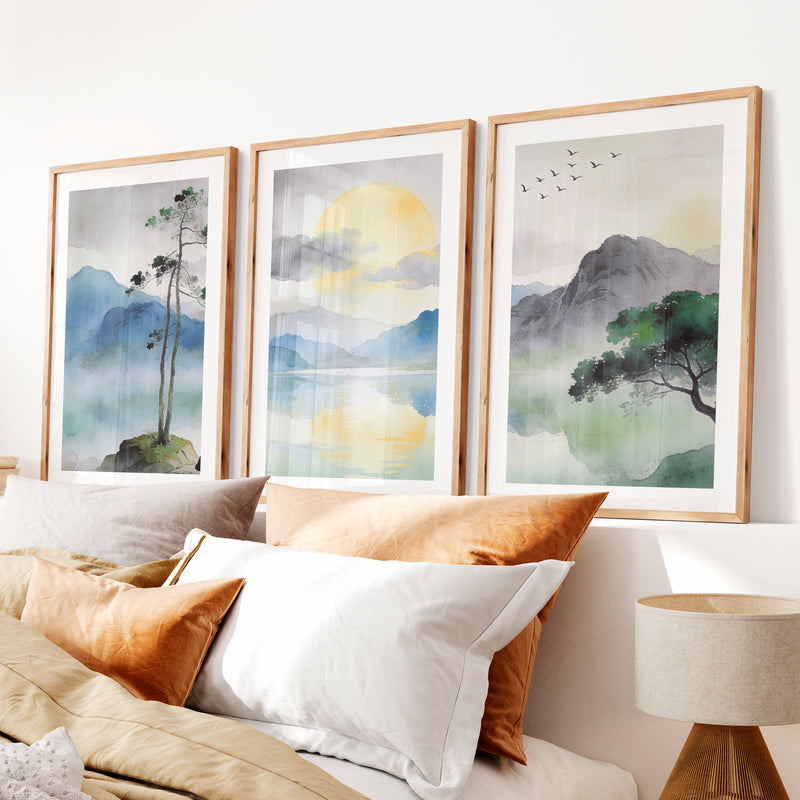 Crane Lake japandi interior design style- Natural Wood Framed Poster with White Border - Artworksets