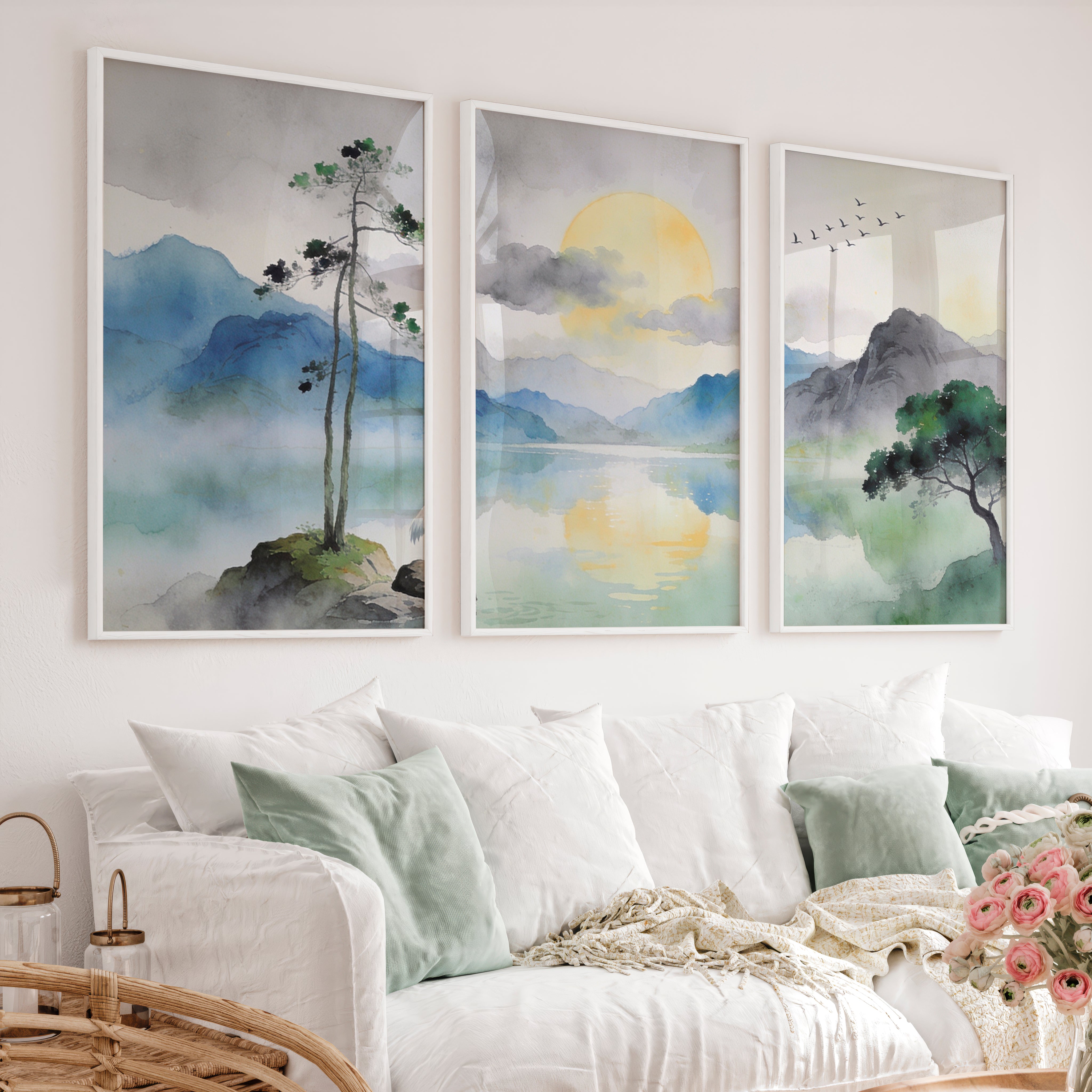 Crane Lake japandi interior design style - White Framed Poster No Border - Artworksets
