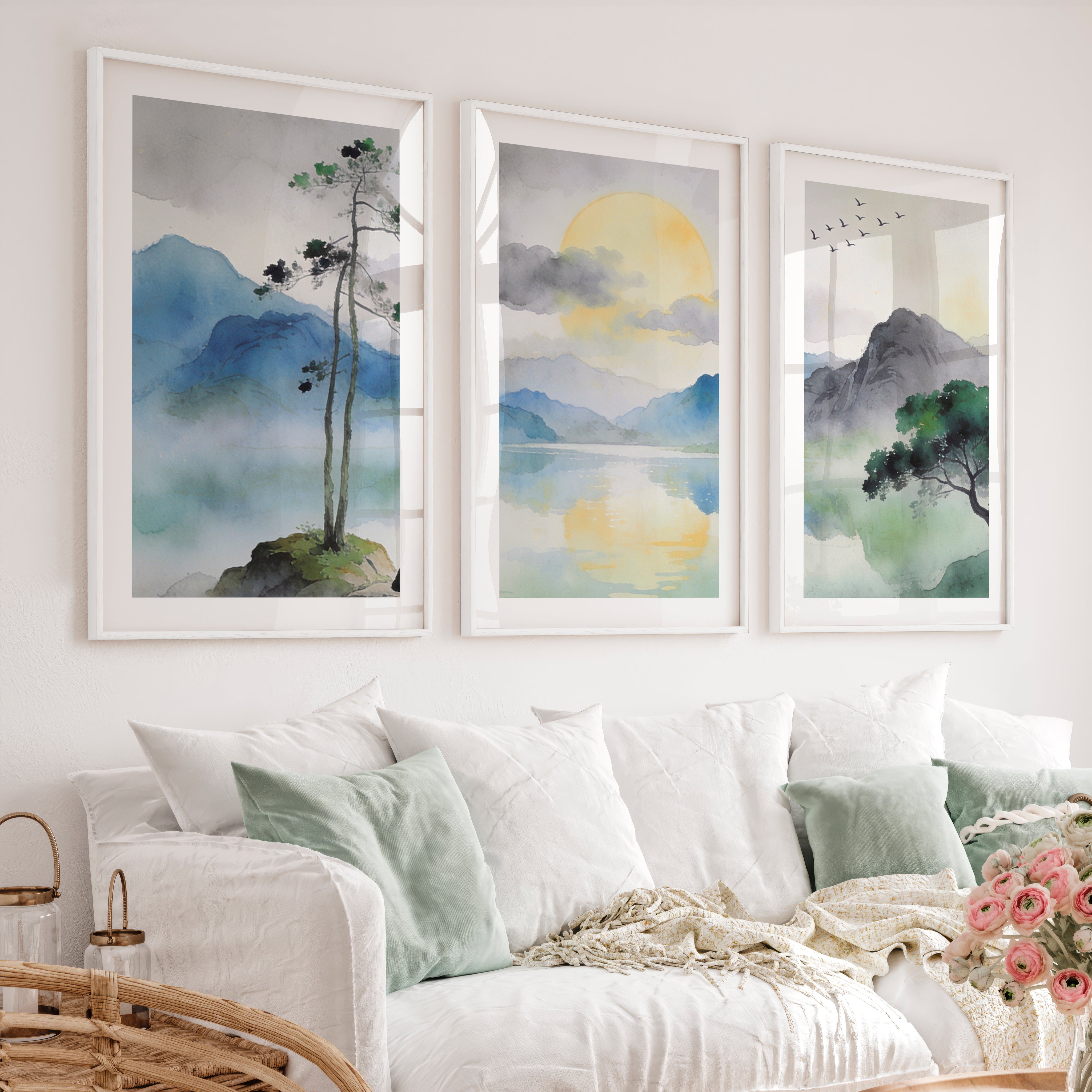 Crane Lake japandi interior design style - White Framed Poster with White Border - Artworksets