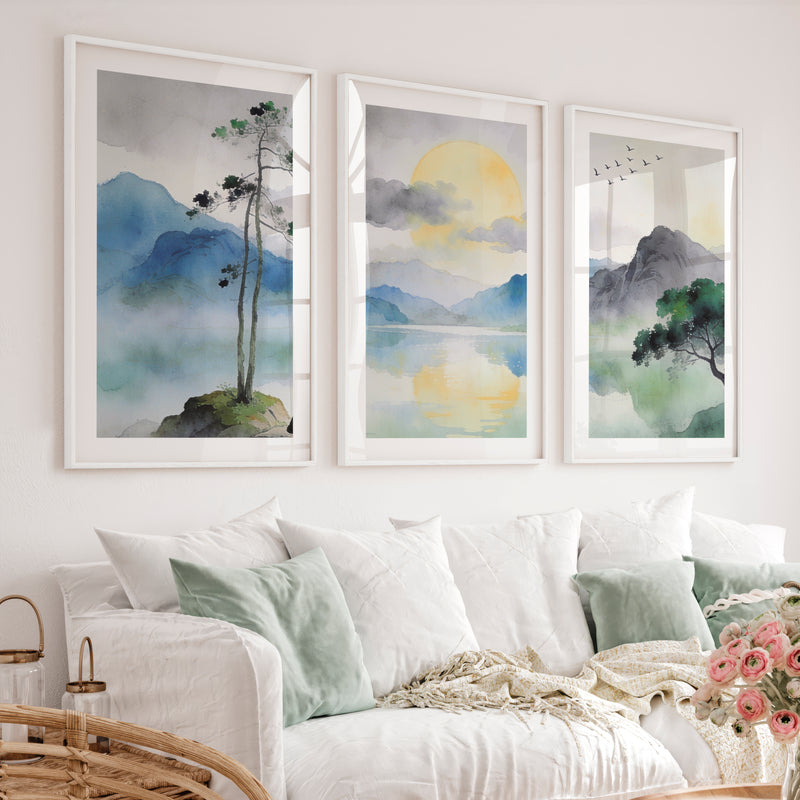 Crane Lake japandi interior design style - White Framed Poster with White Border - Artworksets