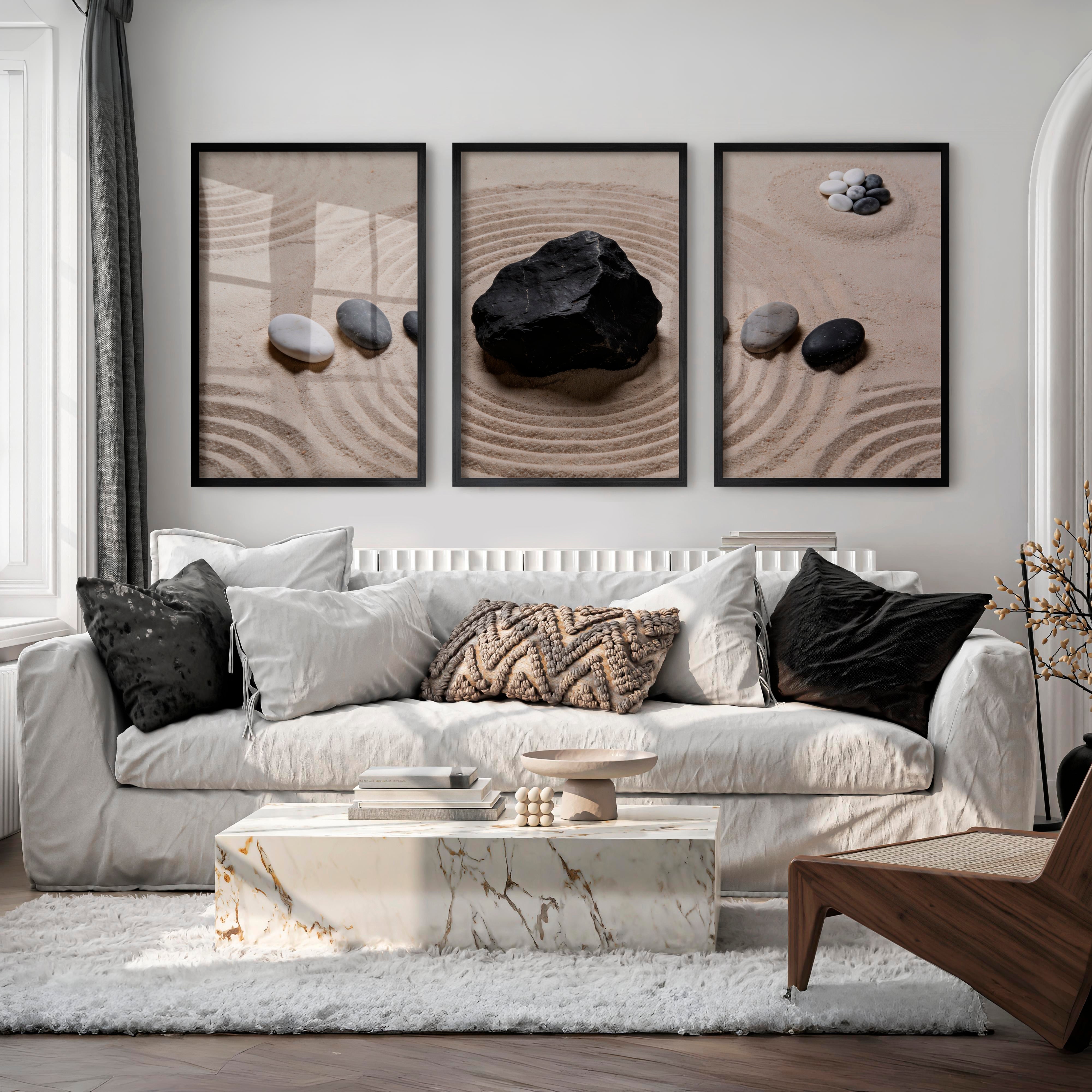 japandi interior design style Zen Stone Garden - Black Framed Poster No Border - Artworksets