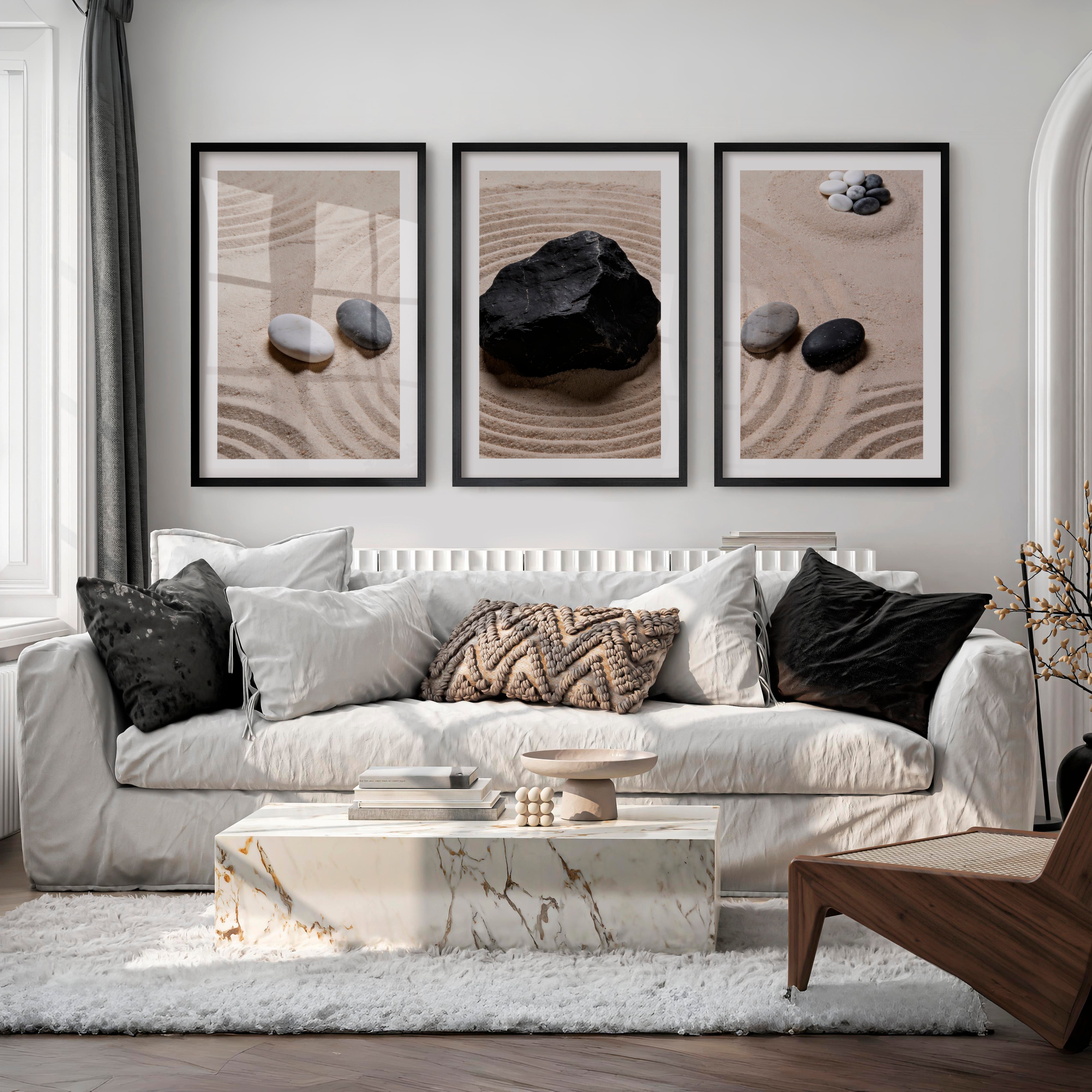 japandi interior design style Zen Stone Garden - Black Framed Poster with White Border - Artworksets