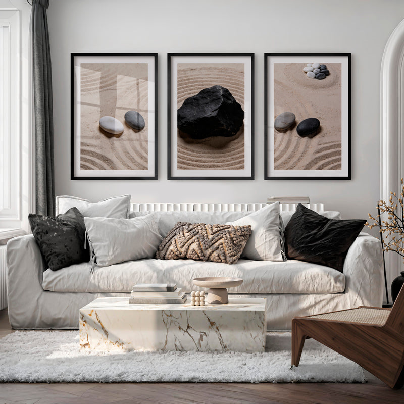 japandi interior design style Zen Stone Garden - Black Framed Poster with White Border - Artworksets
