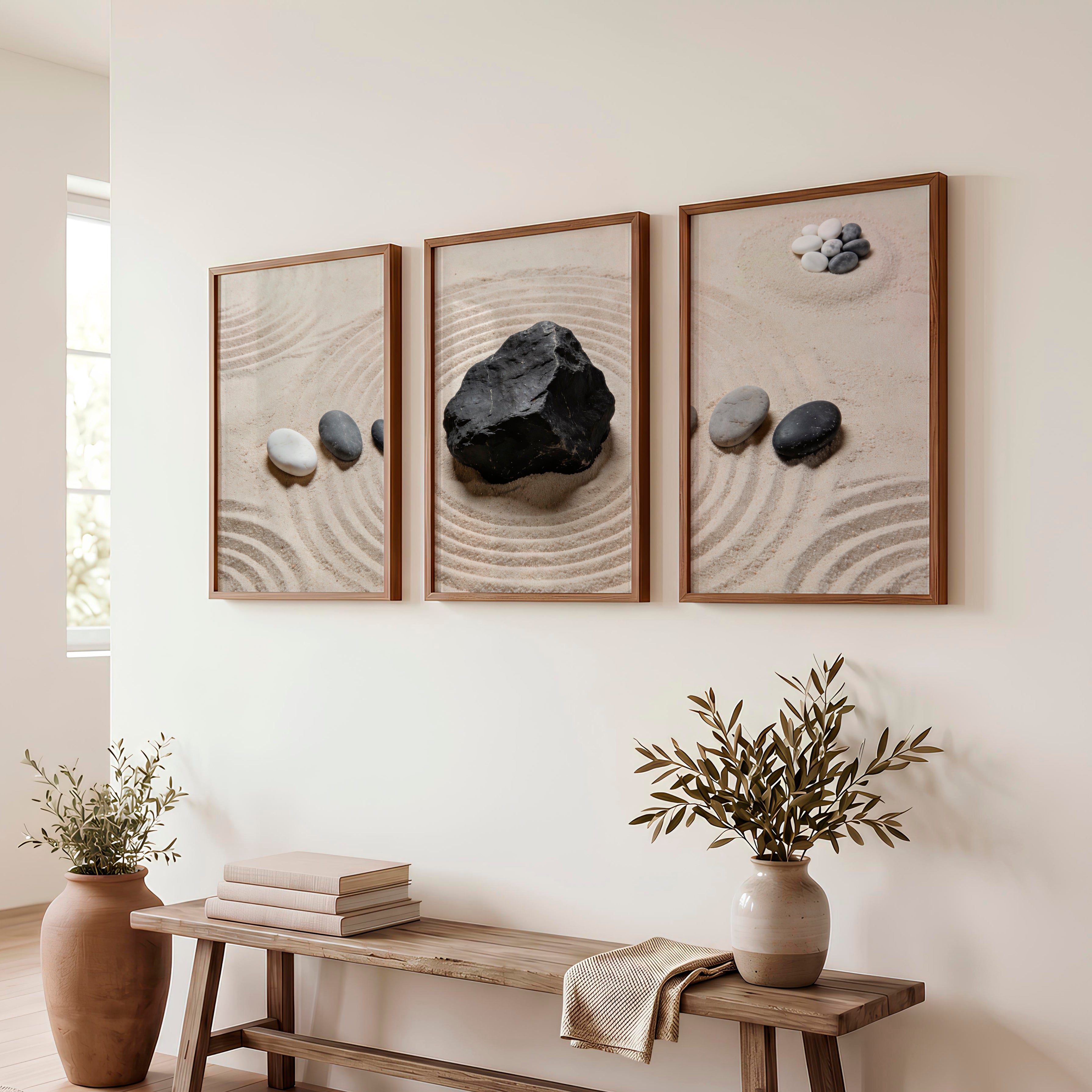 japandi interior design style Zen Stone Garden - Dark Brown Framed Poster No Border - Artworksets