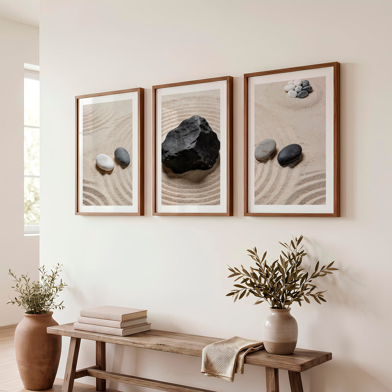 japandi interior design style Zen Stone Garden - Dark Brown Framed Poster with White Border - Artworksets