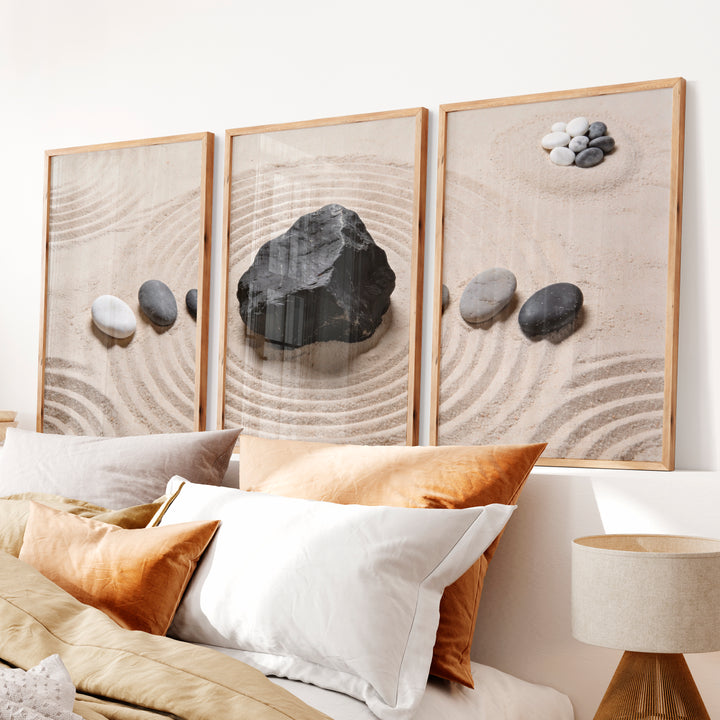 japandi interior design style Zen Stone Garden - Natural Wood Framed Poster No Border - Artworksets