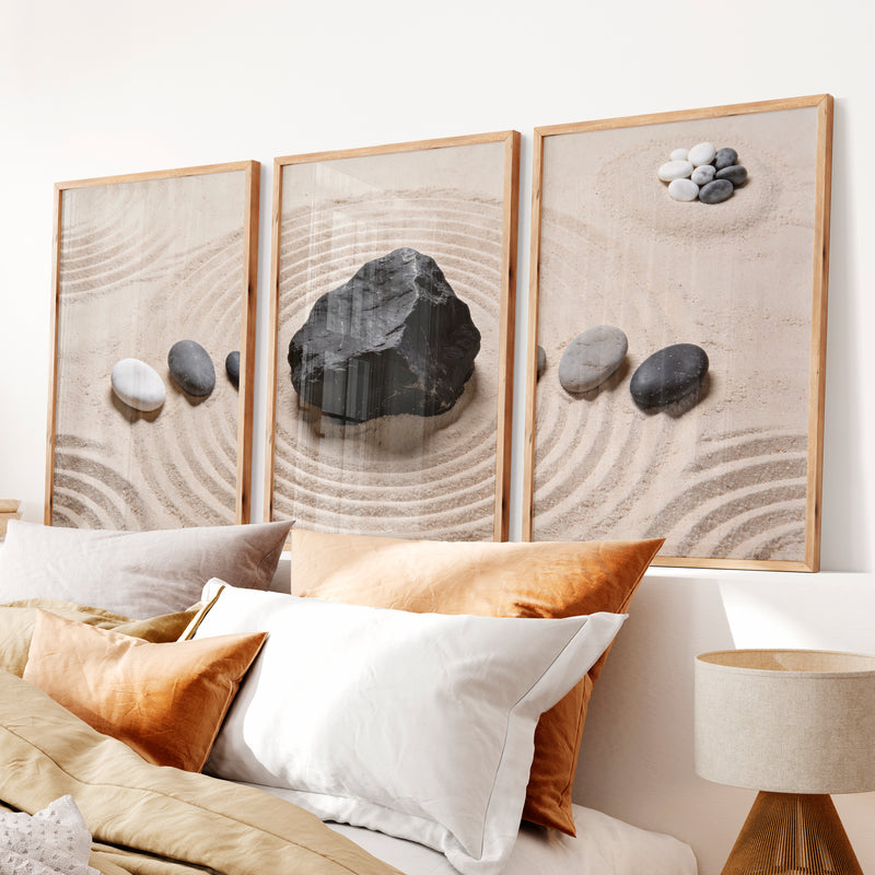 japandi interior design style Zen Stone Garden - Natural Wood Framed Poster No Border - Artworksets